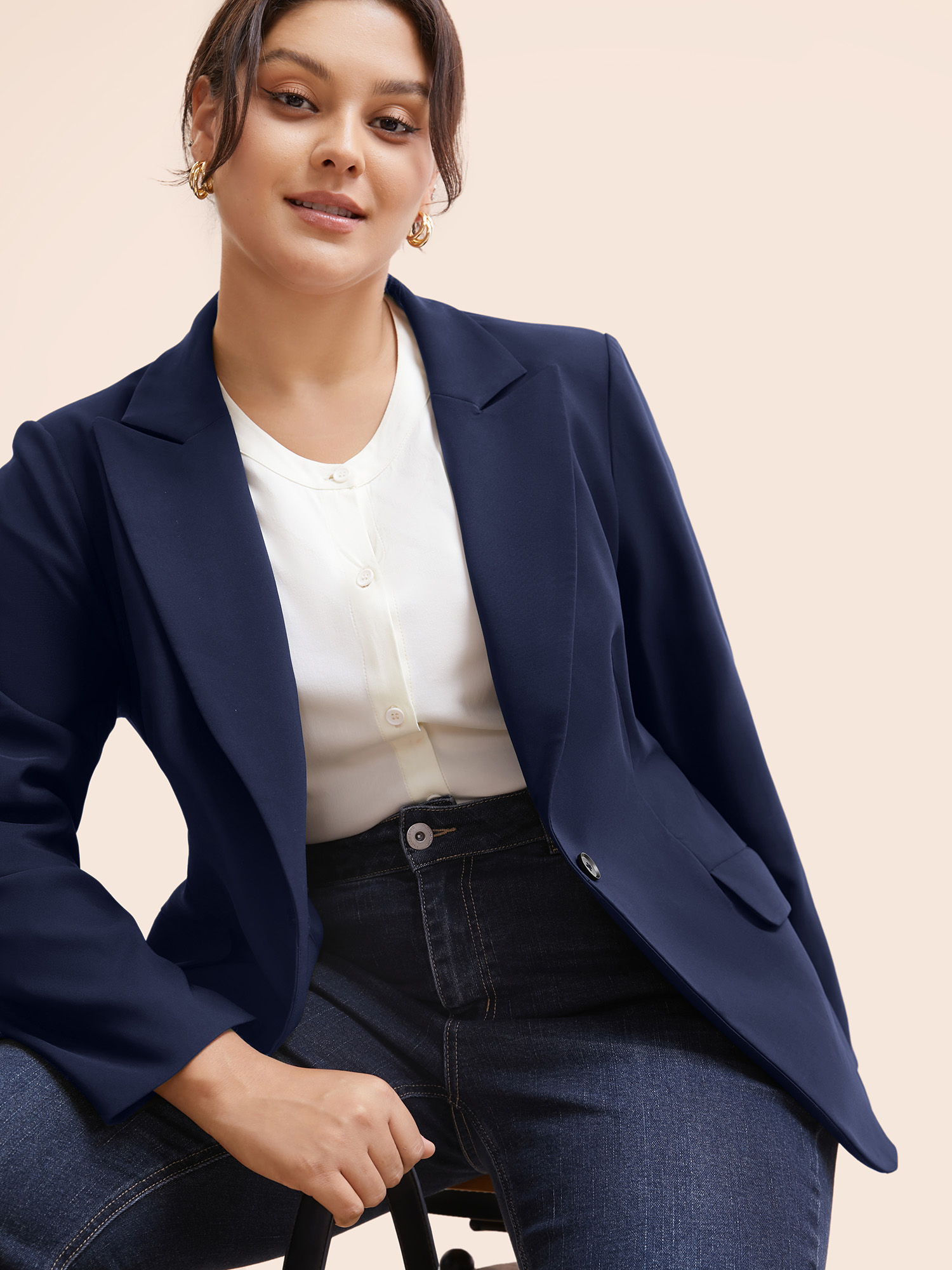 Plus Size Stretch Woven Pocket Slim-Fit Blazer Indigo Women Work Button Sleeve Extra Long Sleeve Suit Collar 22-24/3X Open pocket with flap At the Office Blazers BloomChic 