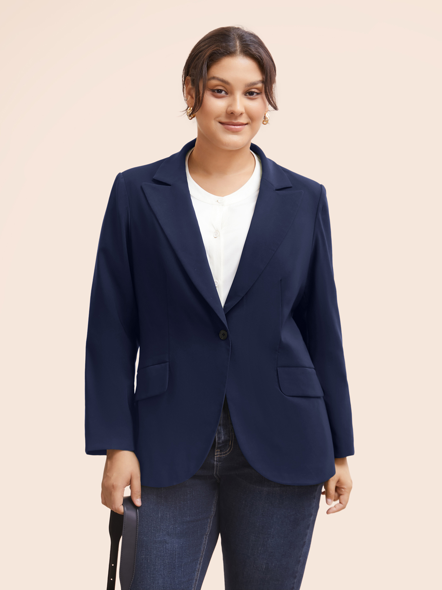 Plus Size Stretch Woven Pocket Slim-Fit Blazer Indigo Women Work Button Sleeve Extra Long Sleeve Suit Collar 22-24/3X Open pocket with flap At the Office Blazers BloomChic 