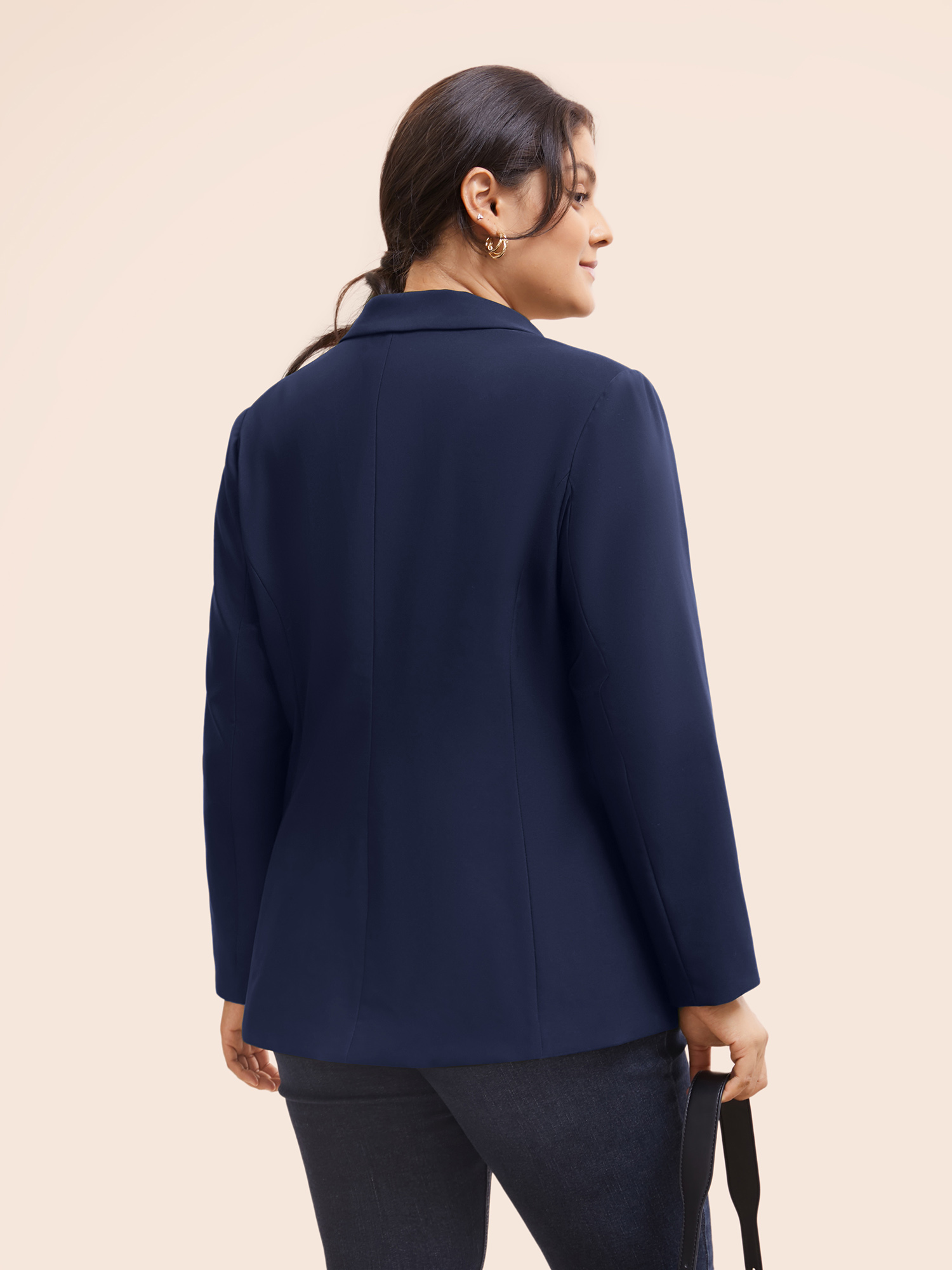 Plus Size Stretch Woven Pocket Slim-Fit Blazer Indigo Women Work Button Sleeve Extra Long Sleeve Suit Collar 22-24/3X Open pocket with flap At the Office Blazers BloomChic 