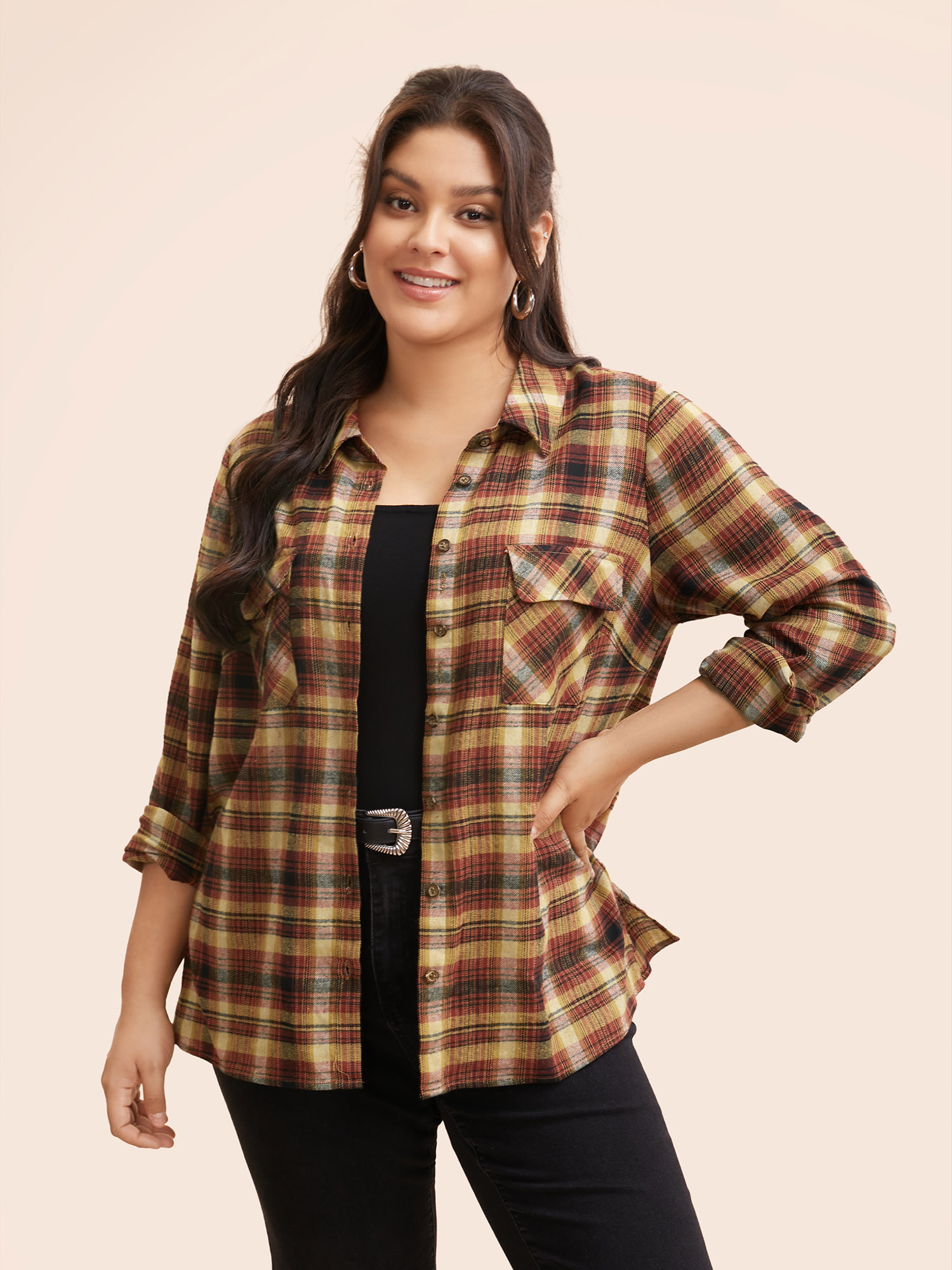 

Plus Size Plaid Shirt Collar Patched Pocket Blouse Multicolor Long Sleeve Shirt collar Casual Shirts