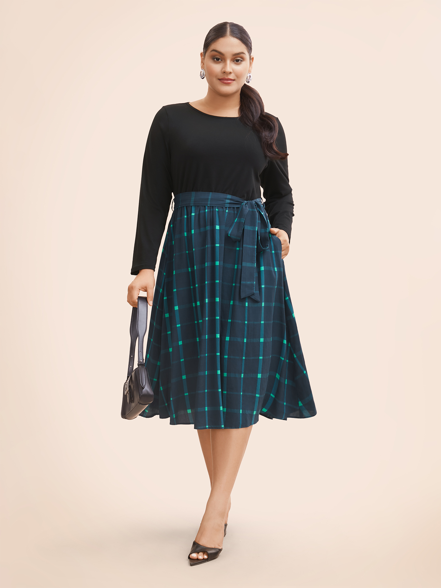 

Plus Size Plaid Patchwork Belted Midi Dress Navy Women At the Office Belted Round Neck Long Sleeve Curvy BloomChic