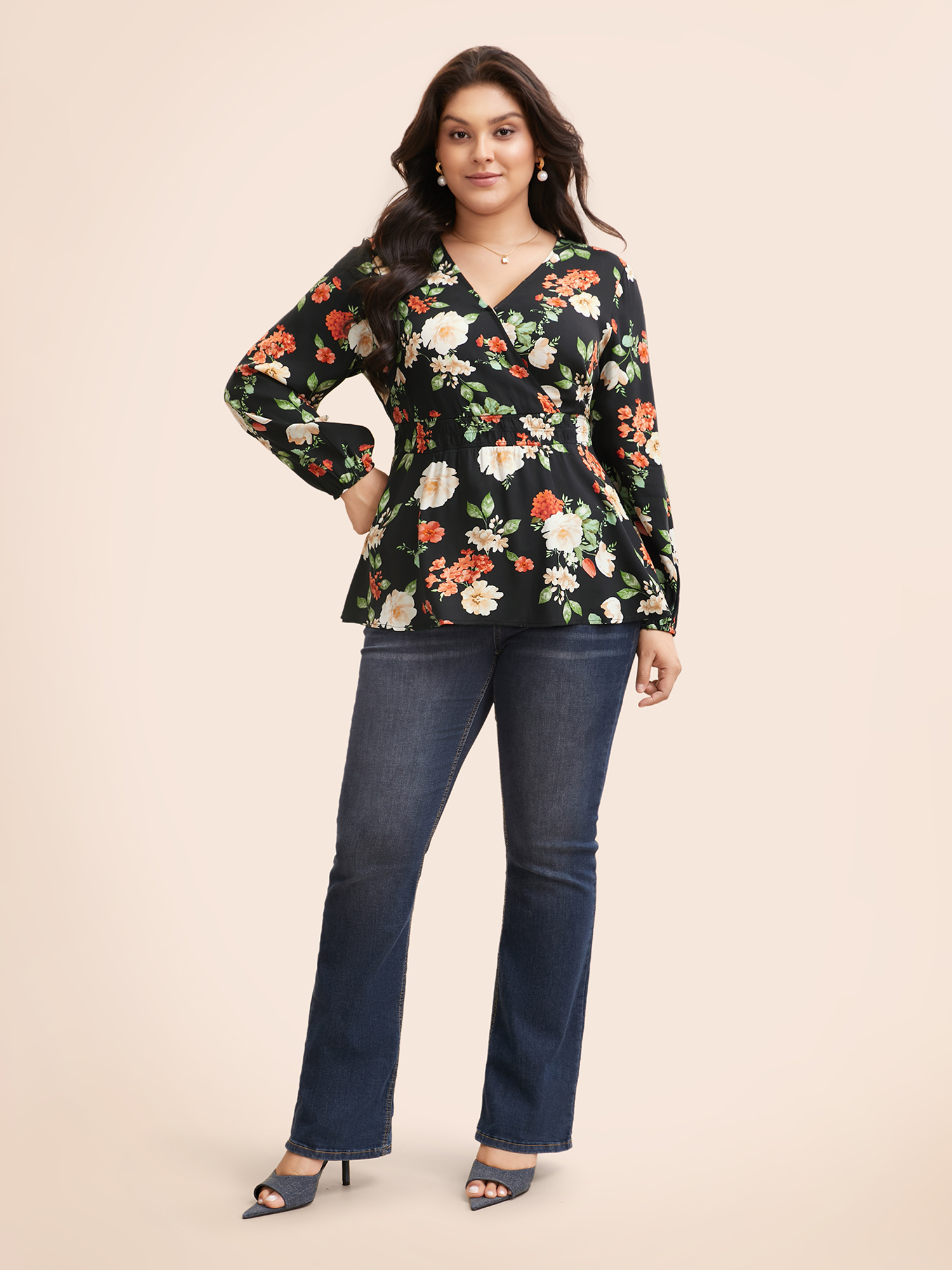 Plus Size Black Floral Elastic Waist Lantern Sleeve Blouse Women Elegant Long Sleeve V-neck Everyday Blouses BloomChic 14-16/1X 