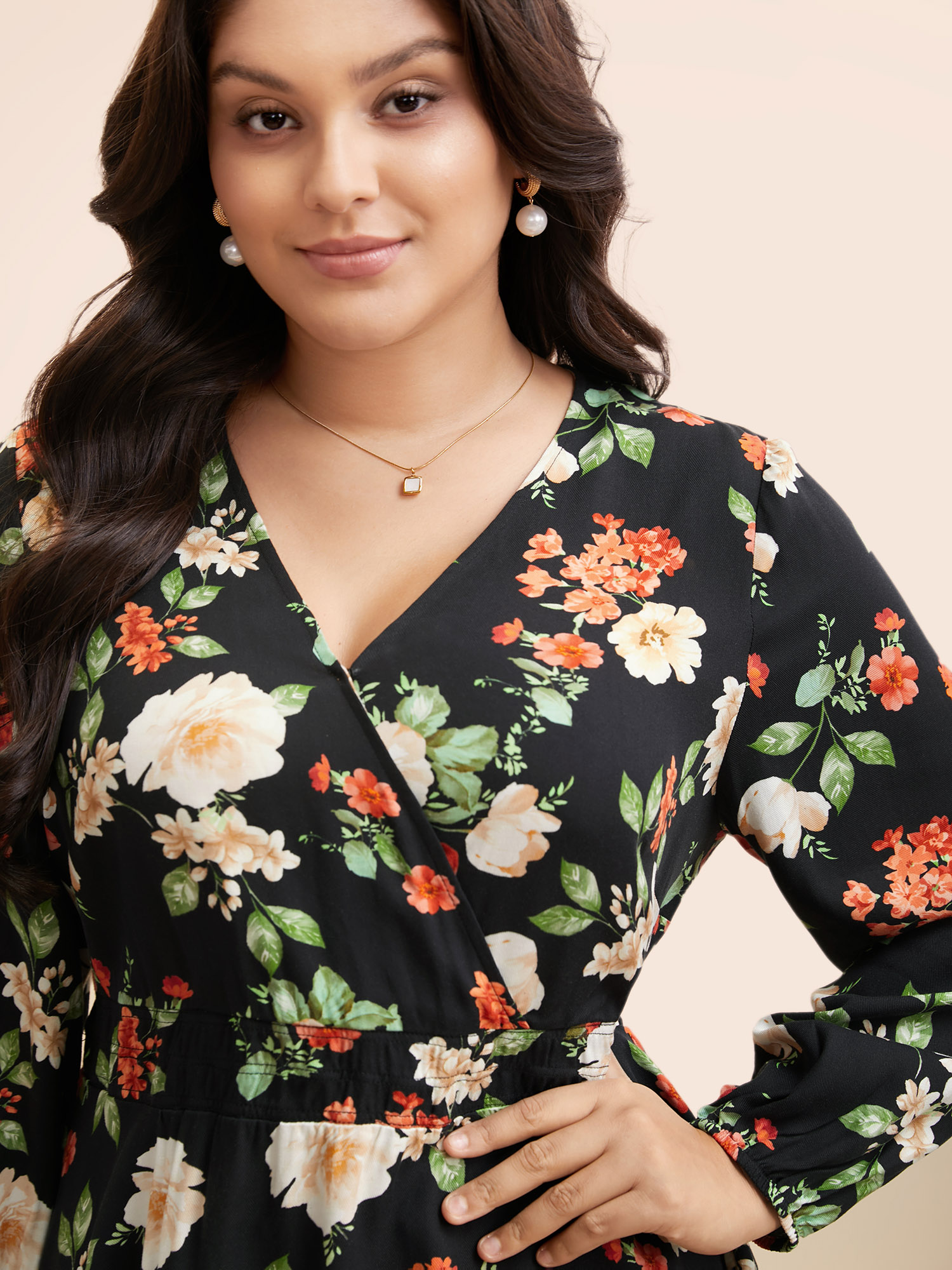 Plus Size Black Floral Elastic Waist Lantern Sleeve Blouse Women Elegant Long Sleeve V-neck Everyday Blouses BloomChic 14-16/1X 