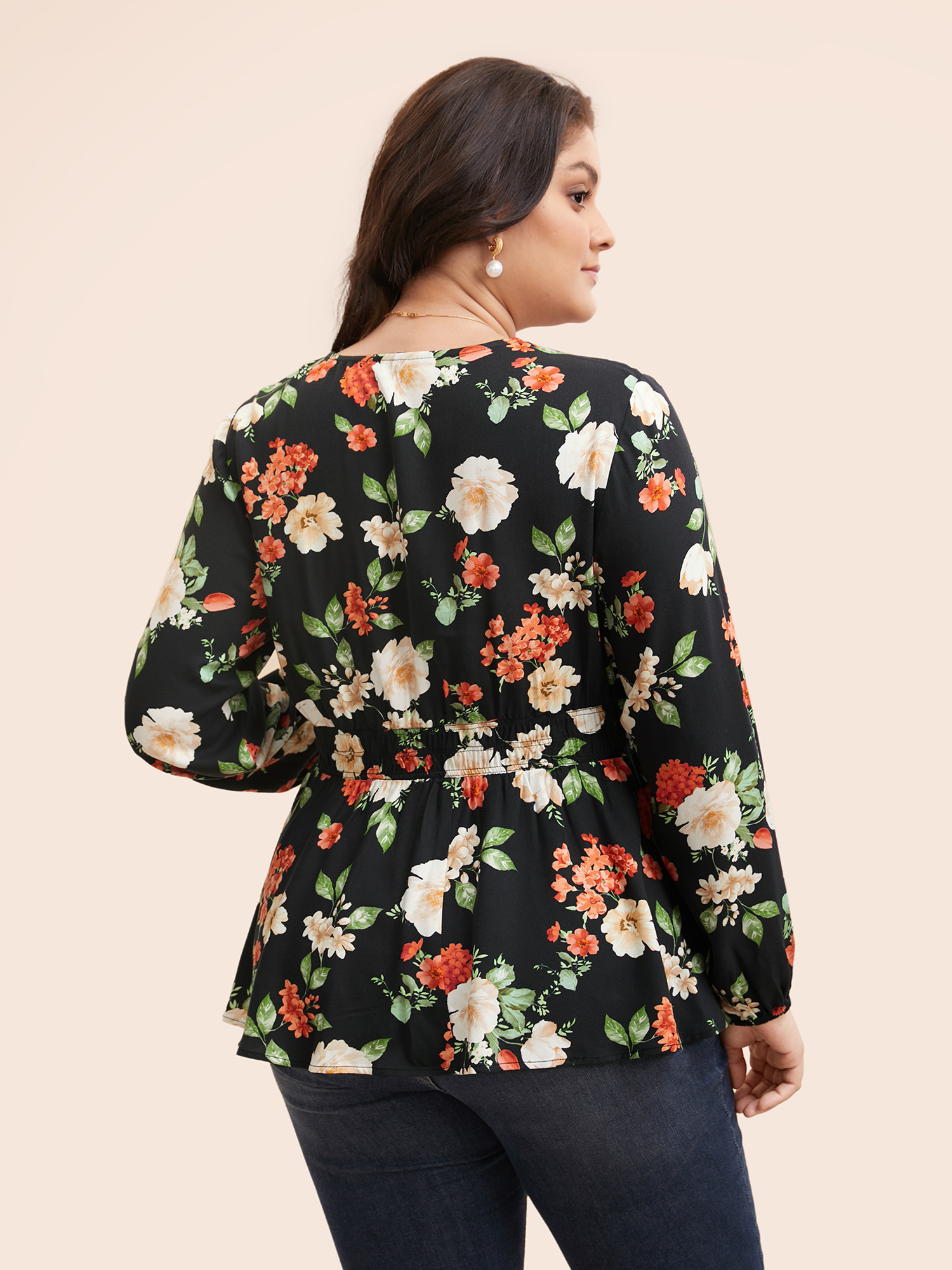 

Plus Size Black Floral Elastic Waist Lantern Sleeve Blouse Women Elegant Long Sleeve V-neck Everyday Blouses BloomChic