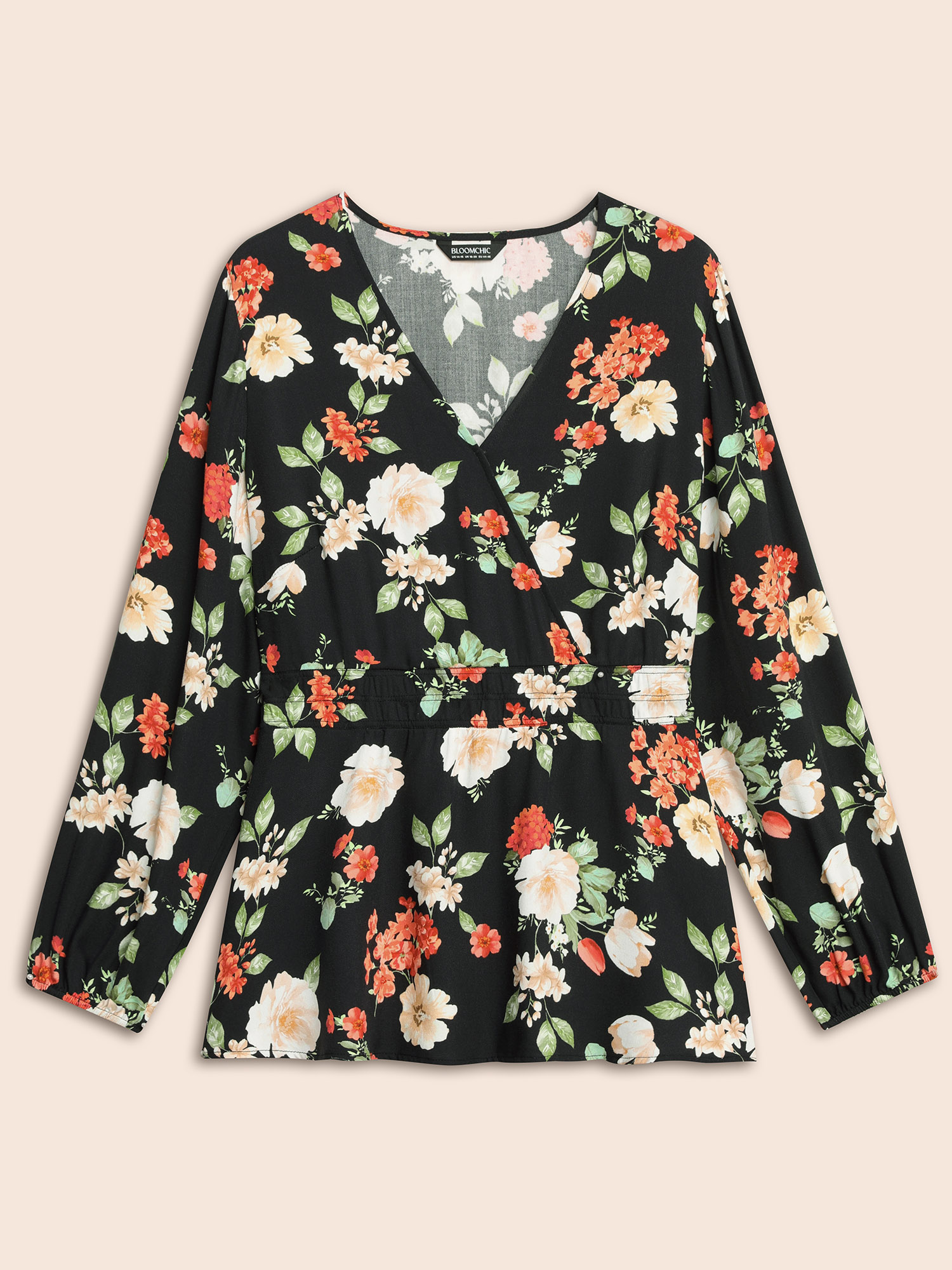 Plus Size Black Floral Elastic Waist Lantern Sleeve Blouse Women Elegant Long Sleeve V-neck Everyday Blouses BloomChic 14-16/1X 