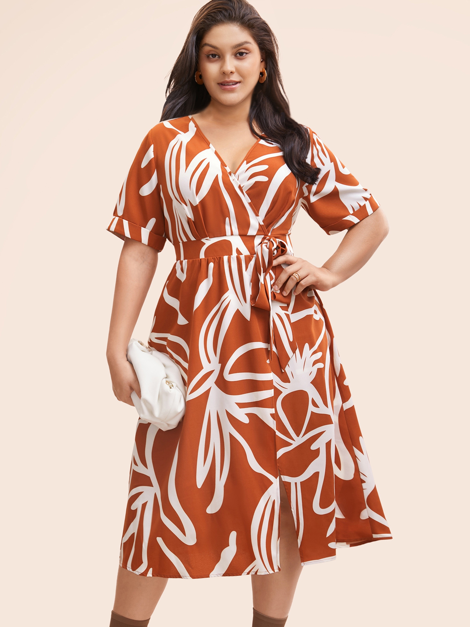 

Plus Size Graffiti Overlap Collar Shirred Midi Dress Coral Women At the Office Overlapping Overlap Collar Short sleeve Curvy BloomChic