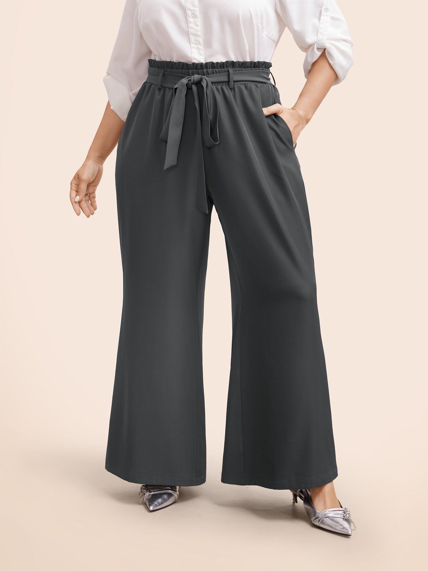 

Plus Size Solid Tie Knot Paperbag Waist Pants Women DimGray Elegant Wide Leg Mid Rise Everyday Pants BloomChic