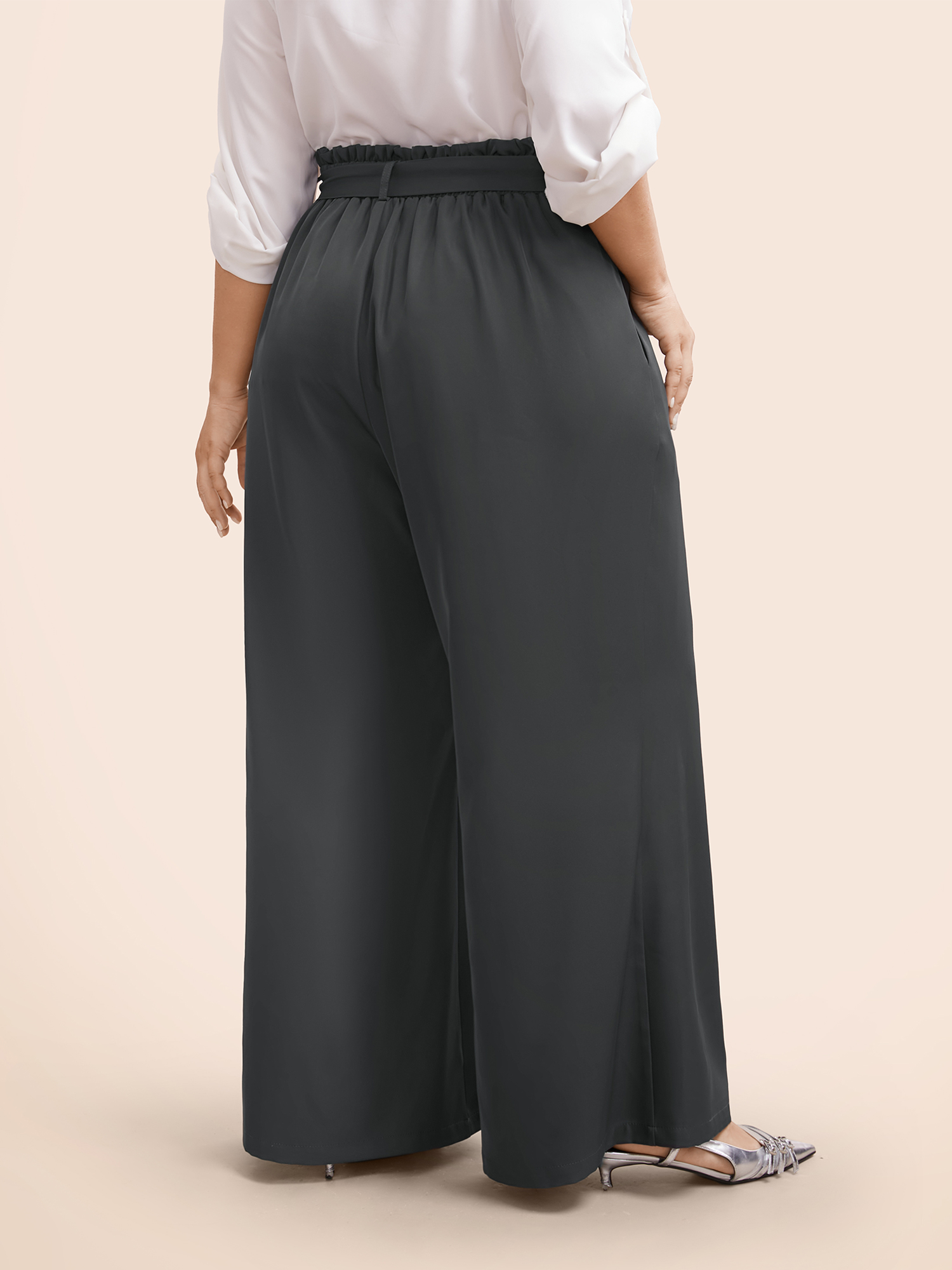 

Plus Size Solid Tie Knot Paperbag Waist Pants Women DimGray Elegant Wide Leg Mid Rise Everyday Pants BloomChic