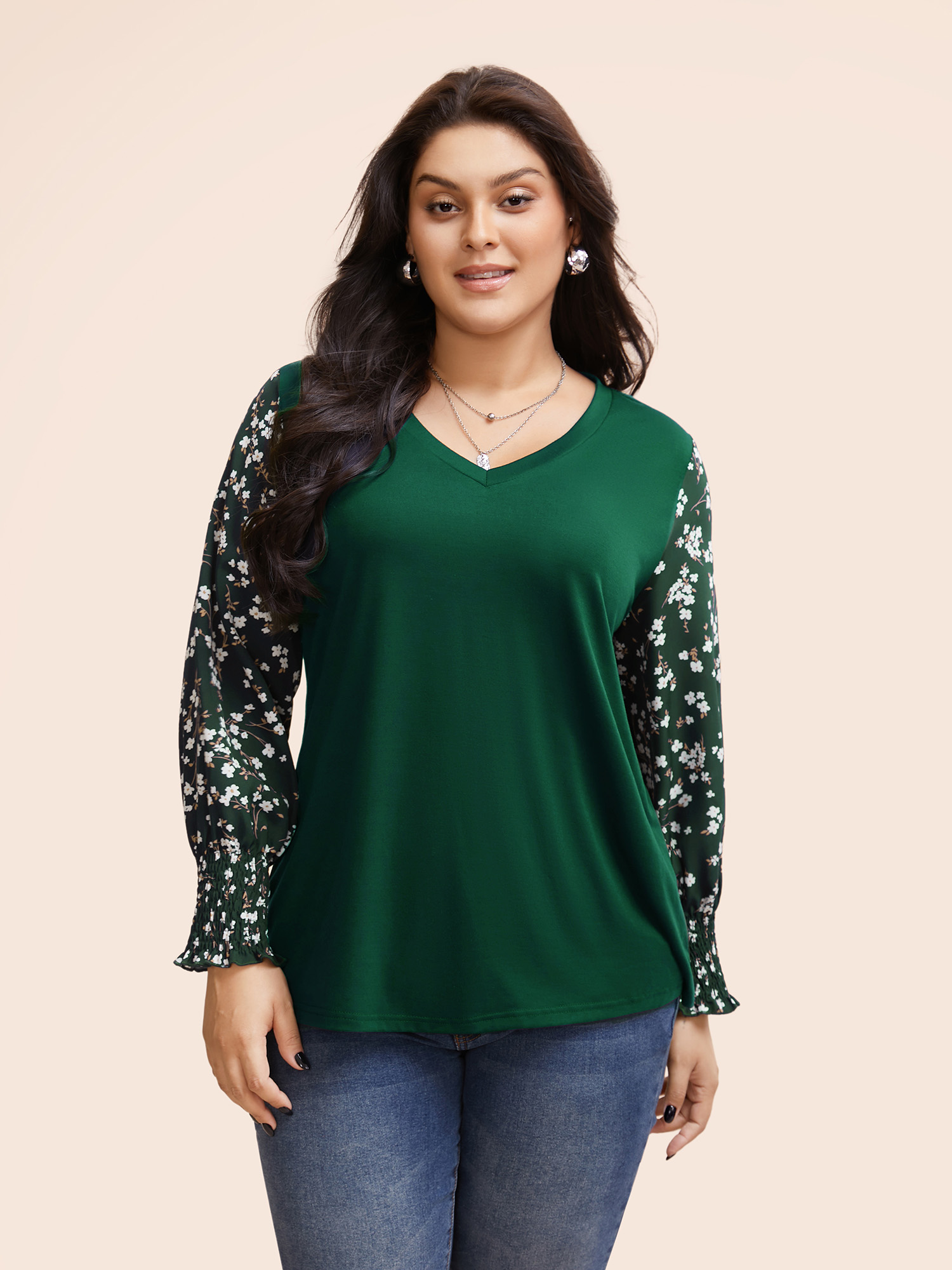 

Ditsy Floral Patchwork Shirred T-shirt, Darkgreen