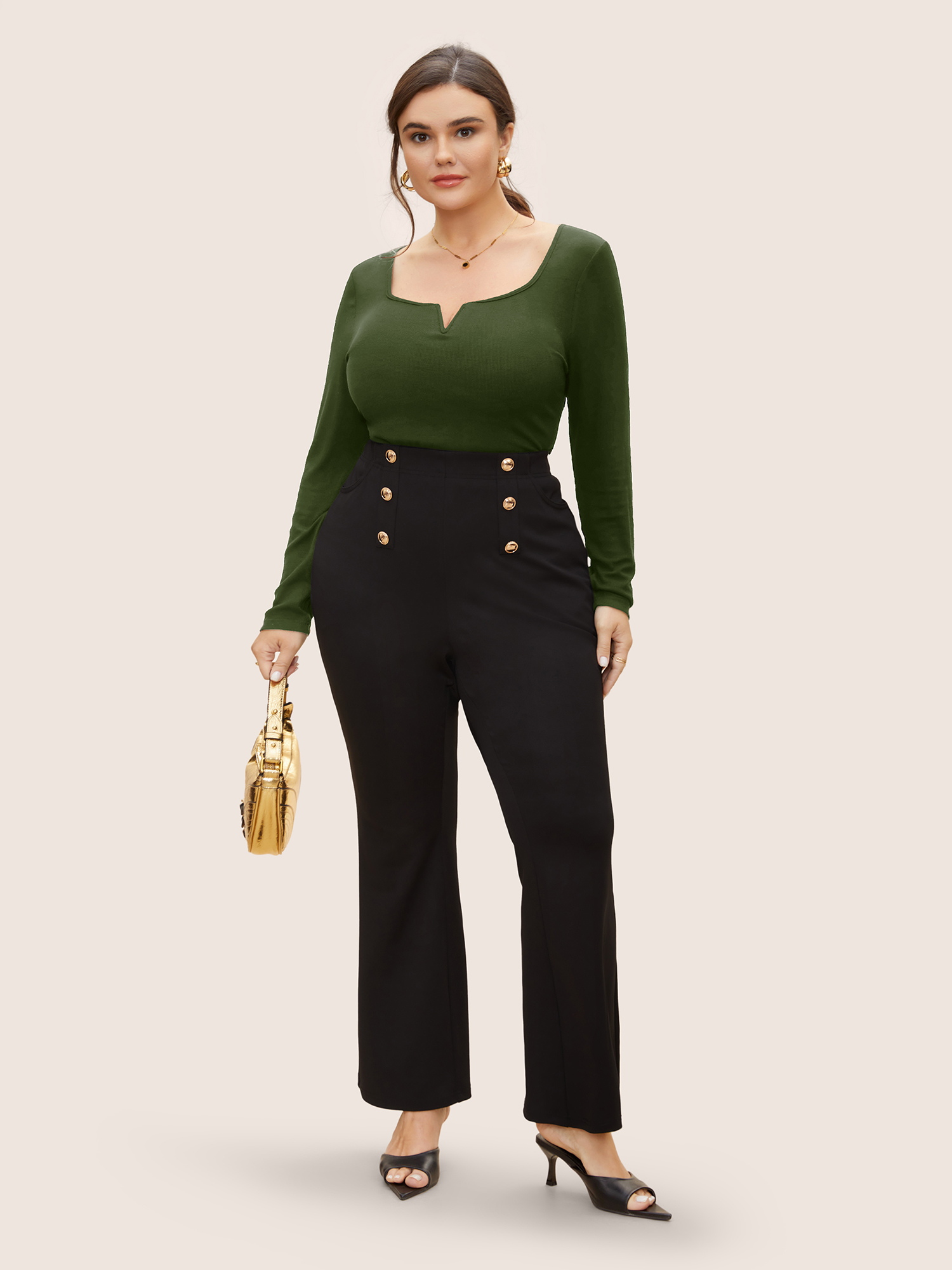 Plus Size V-notch Solid Knit T-shirt ArmyGreen Women At the Office Texture Flat collar with V-notch Skinny Work T-shirts BloomChic 14-16/1X 
