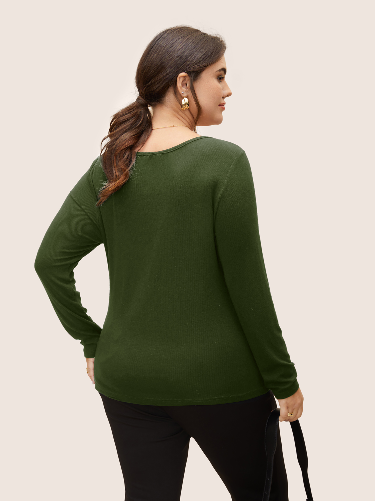 Plus Size V-notch Solid Knit T-shirt ArmyGreen Women At the Office Texture Flat collar with V-notch Skinny Work T-shirts BloomChic 14-16/1X 