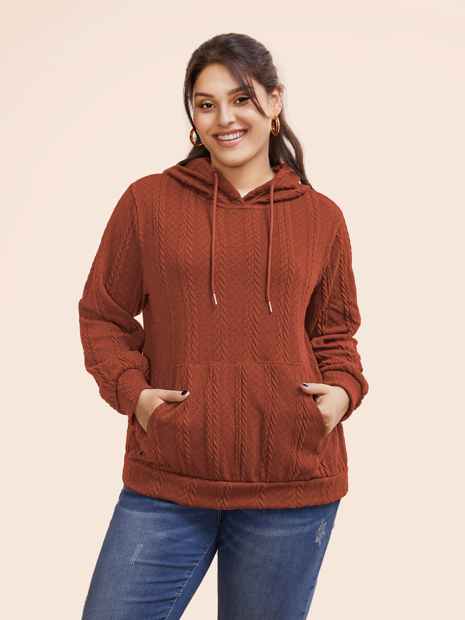 

Plus Size Solid Cable Knit Hooded Drawstring Sweatshirt Women Rust Casual Texture Hooded Everyday Sweatshirts BloomChic