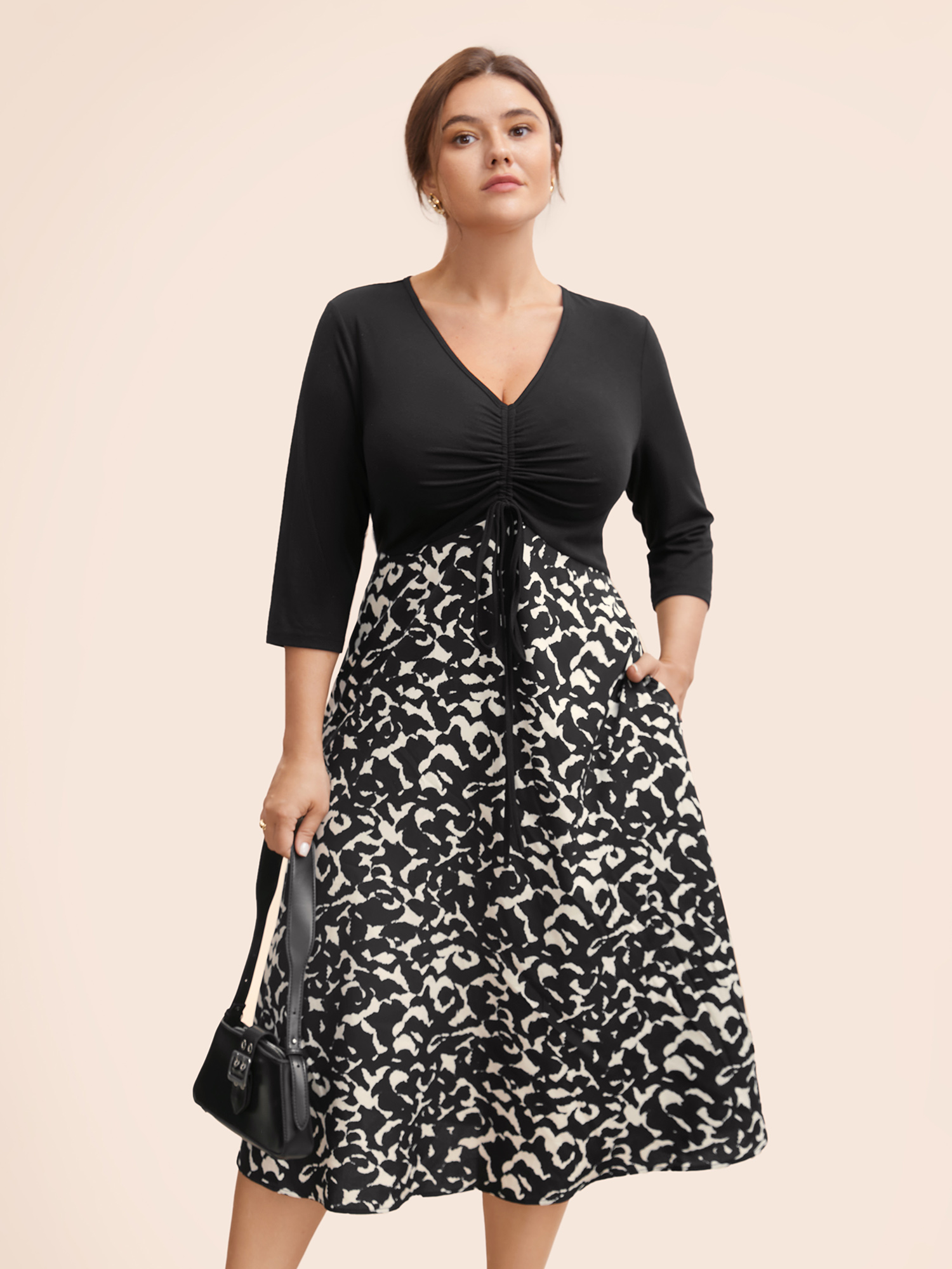 

Plus Size V Neck Patchwork Drawstring Dress Black Women Elegant Patchwork V-neck Elbow-length sleeve Curvy BloomChic