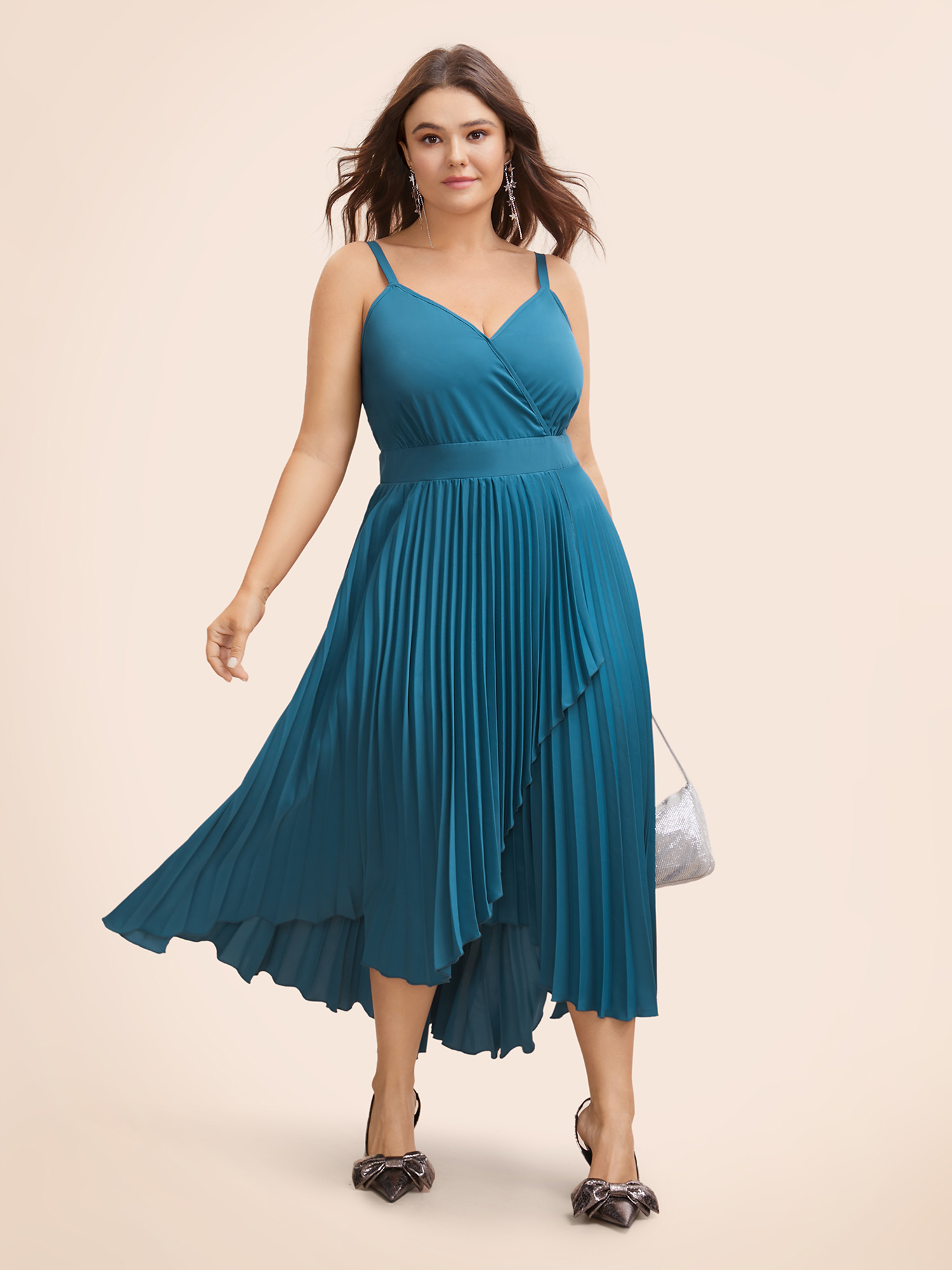 

Plus Size Solid Shirred Wrap Hem Cami Dress Aegean Women Cocktail Overlapping Overlap Collar Sleeveless Curvy BloomChic