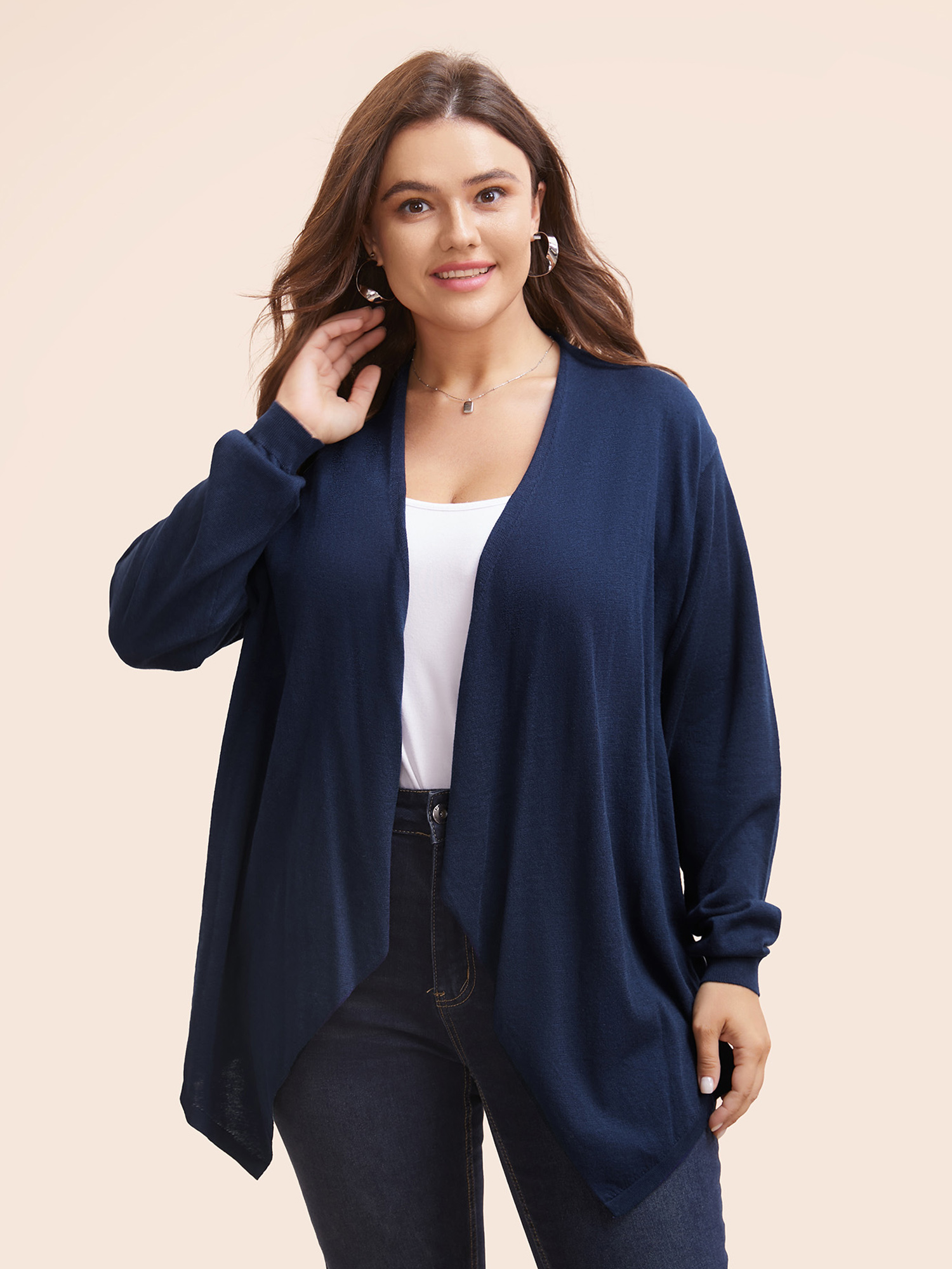 

Plus Size Supersoft Essentials Plain Asymmetrical Hem Cardigan Indigo Women Casual Loose Long Sleeve Everyday Cardigans BloomChic