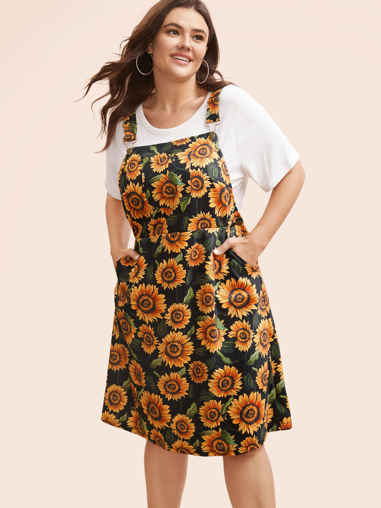 

Plus Size Floral Adjustable Straps Patched Pocket Overall Dress Multicolor Women Casual Button Non Sleeveless Curvy BloomChic