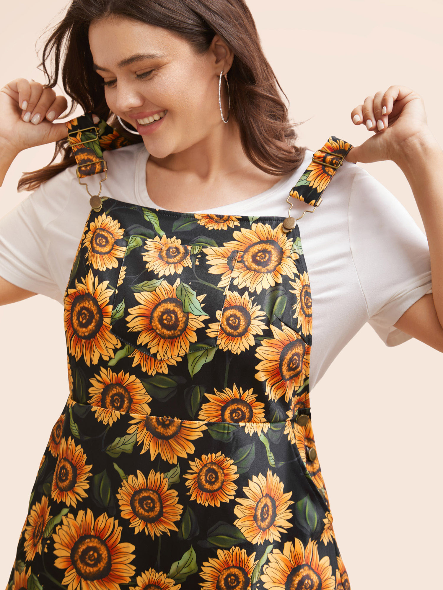 Plus Size Floral Adjustable Straps Patched Pocket Overall Dress Multicolor Women Casual Button Non Sleeveless Curvy BloomChic 14-16/1X 