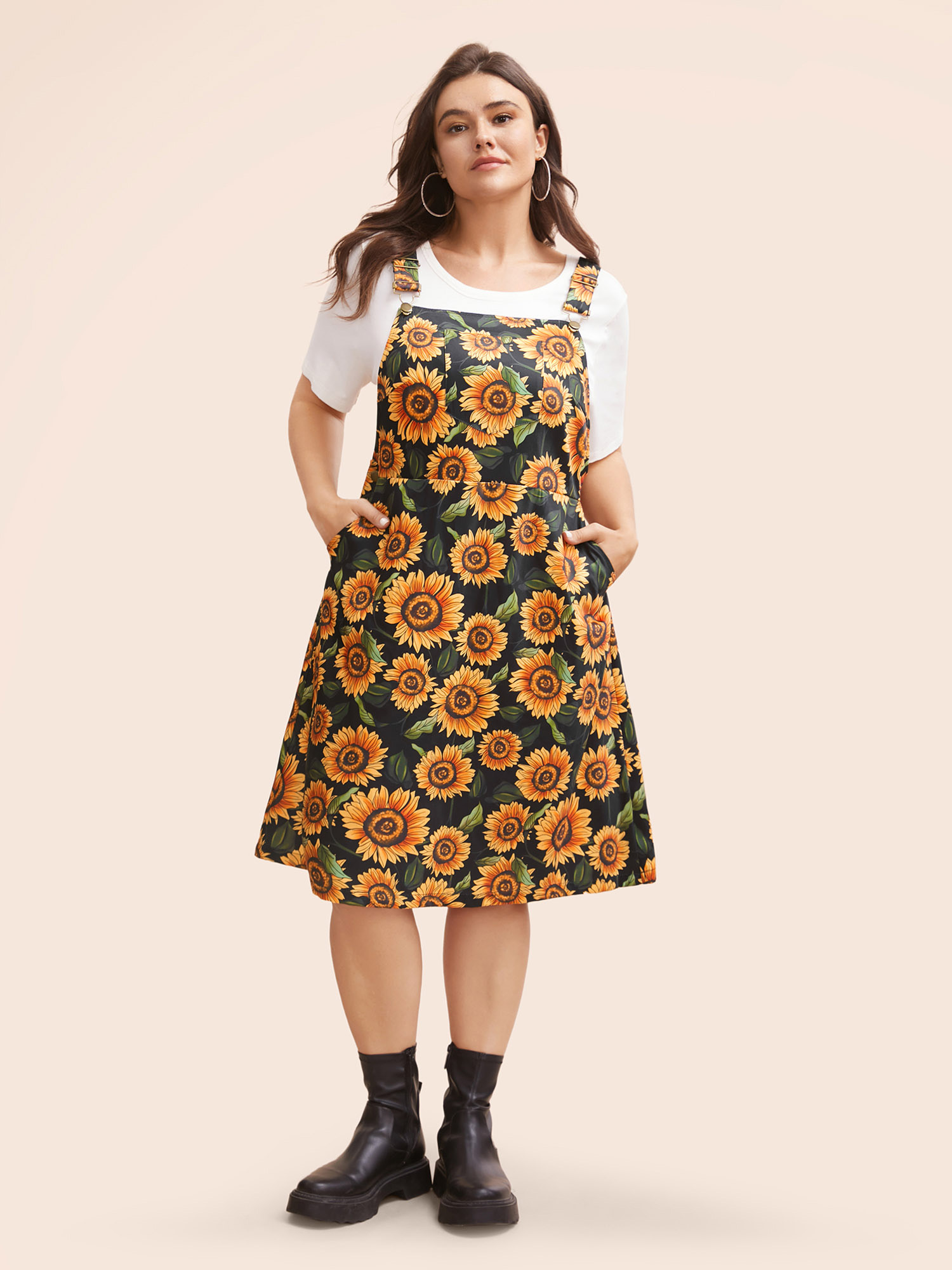 

Plus Size Floral Adjustable Straps Patched Pocket Overall Dress Multicolor Women Casual Button Non Sleeveless Curvy BloomChic