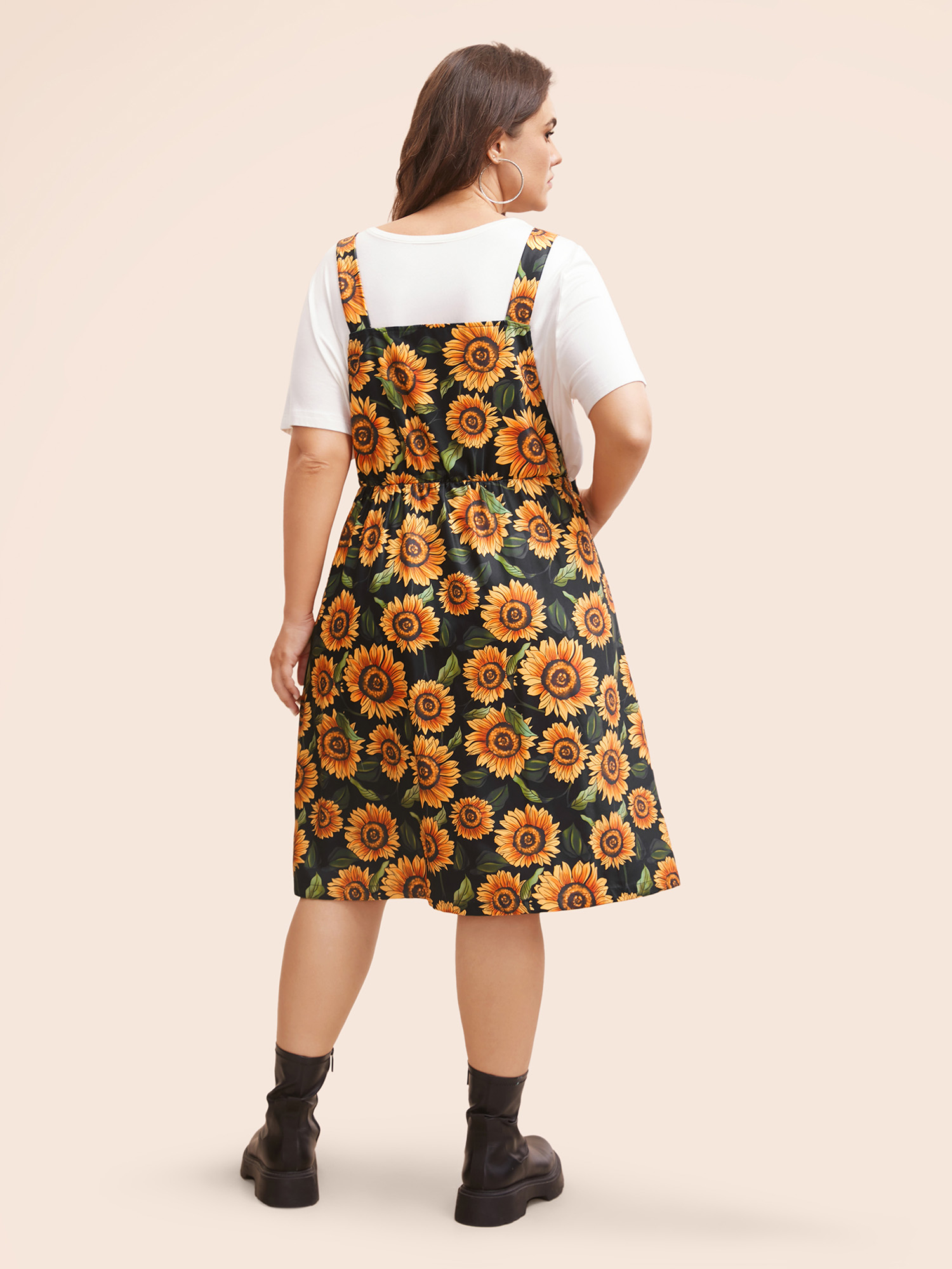 Plus Size Floral Adjustable Straps Patched Pocket Overall Dress Multicolor Women Casual Button Non Sleeveless Curvy BloomChic 14-16/1X 
