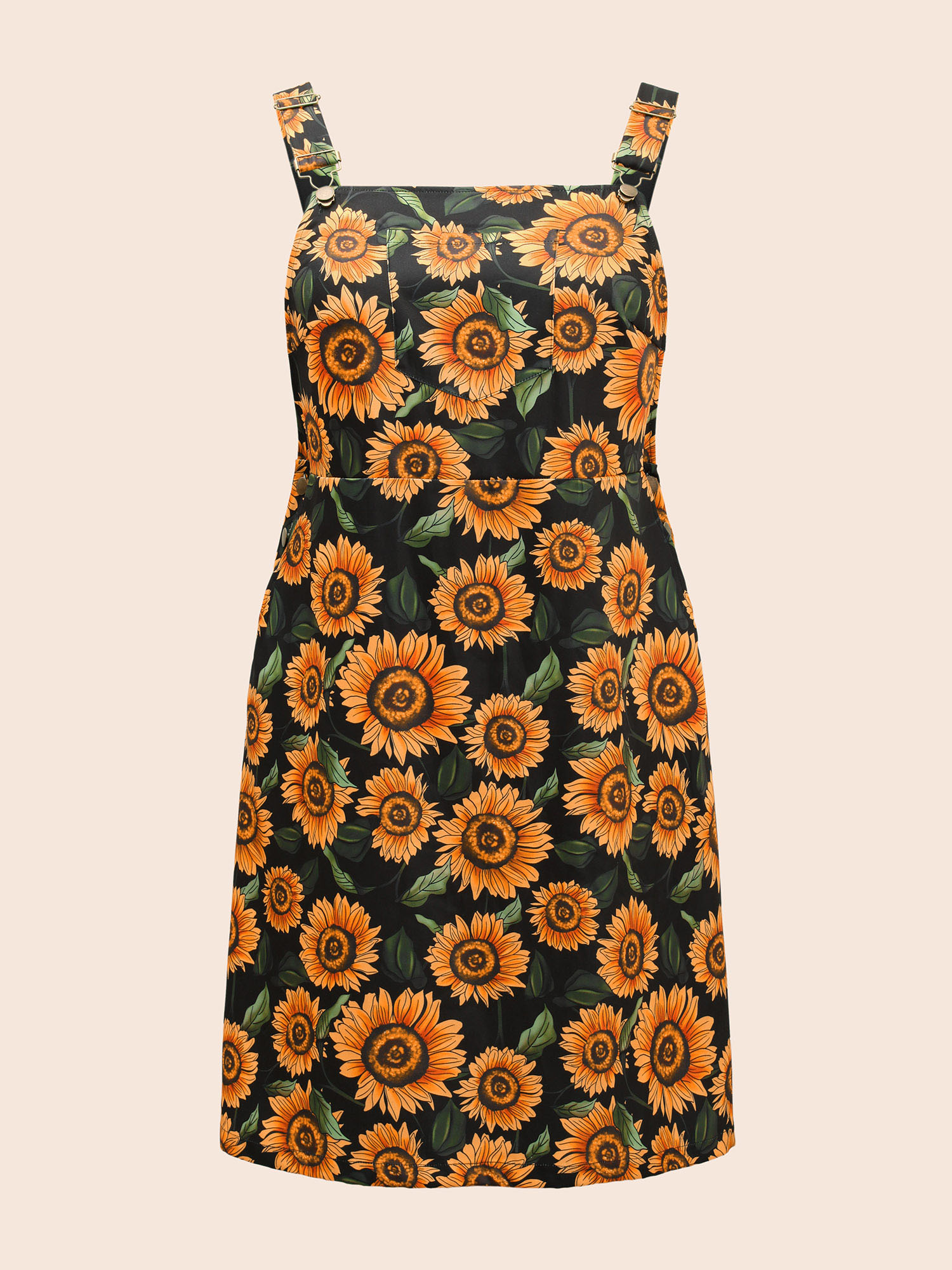Plus Size Floral Adjustable Straps Patched Pocket Overall Dress Multicolor Women Casual Button Non Sleeveless Curvy BloomChic 14-16/1X 