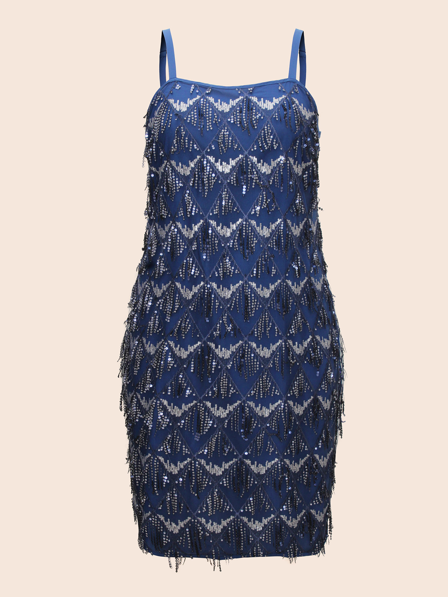 

Plus Size Sequin Tassels Split Hem Cami Dress Indigo Women Cocktail Texture Square Neck Sleeveless Curvy BloomChic