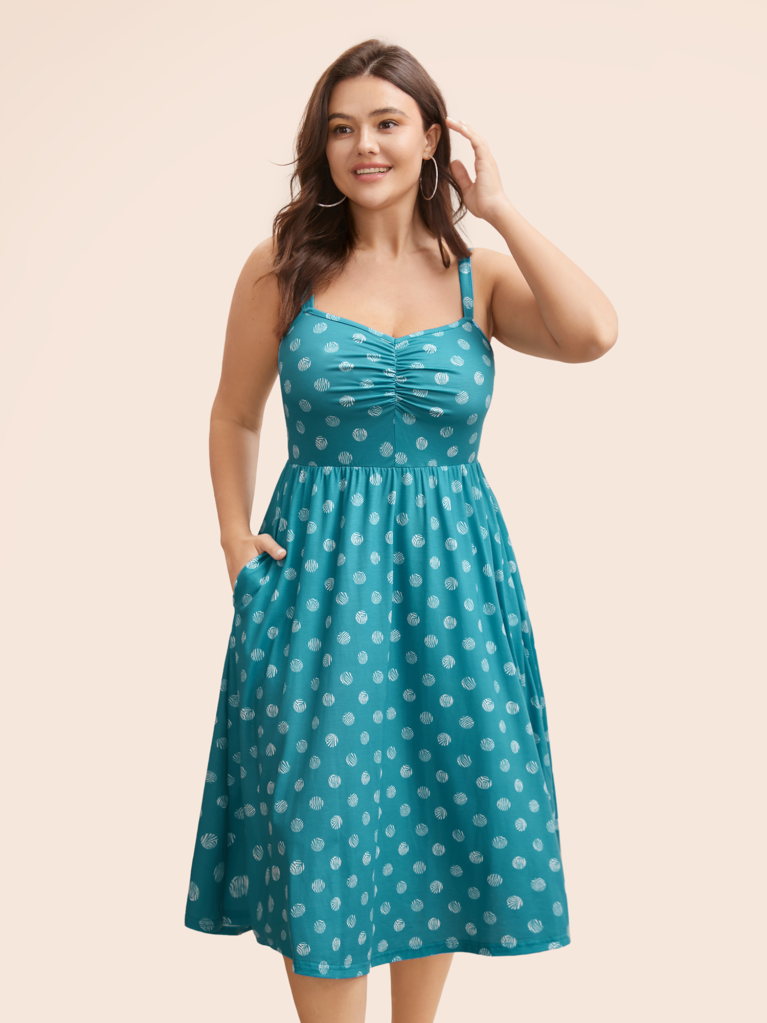 

Plus Size Polka Dot Ruched Cami Dress Cerulean Women Casual Gathered Heart neckline Sleeveless Curvy BloomChic