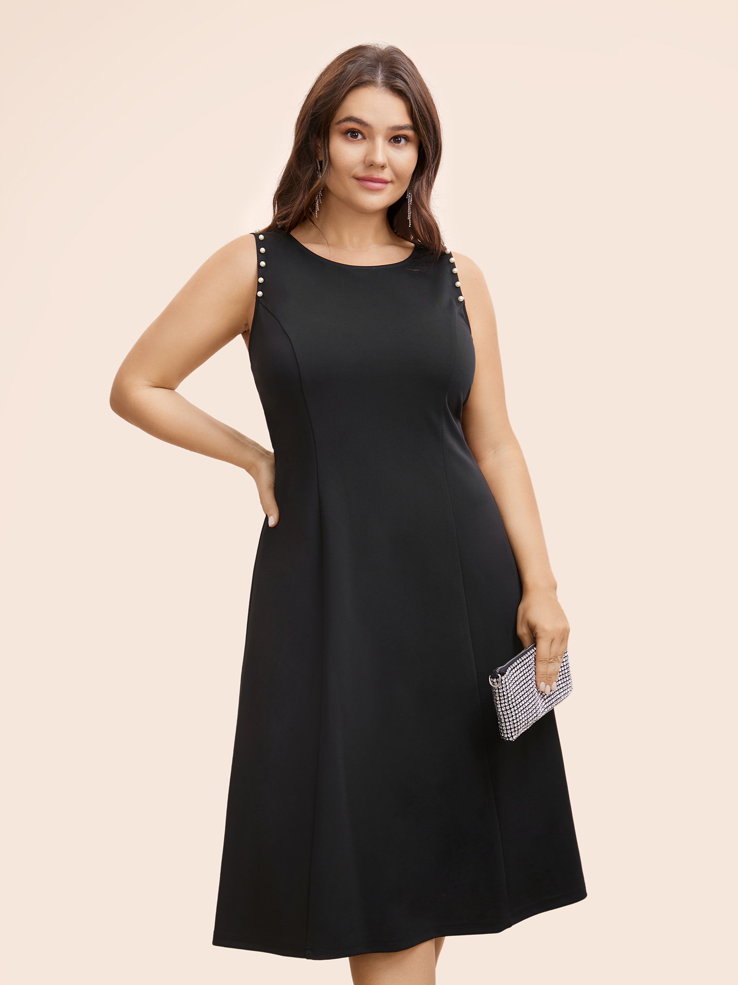 

Plus Size Crew Neck Pearl Beaded Tank Dress Black Women Elegant Beaded Round Neck Sleeveless Curvy BloomChic