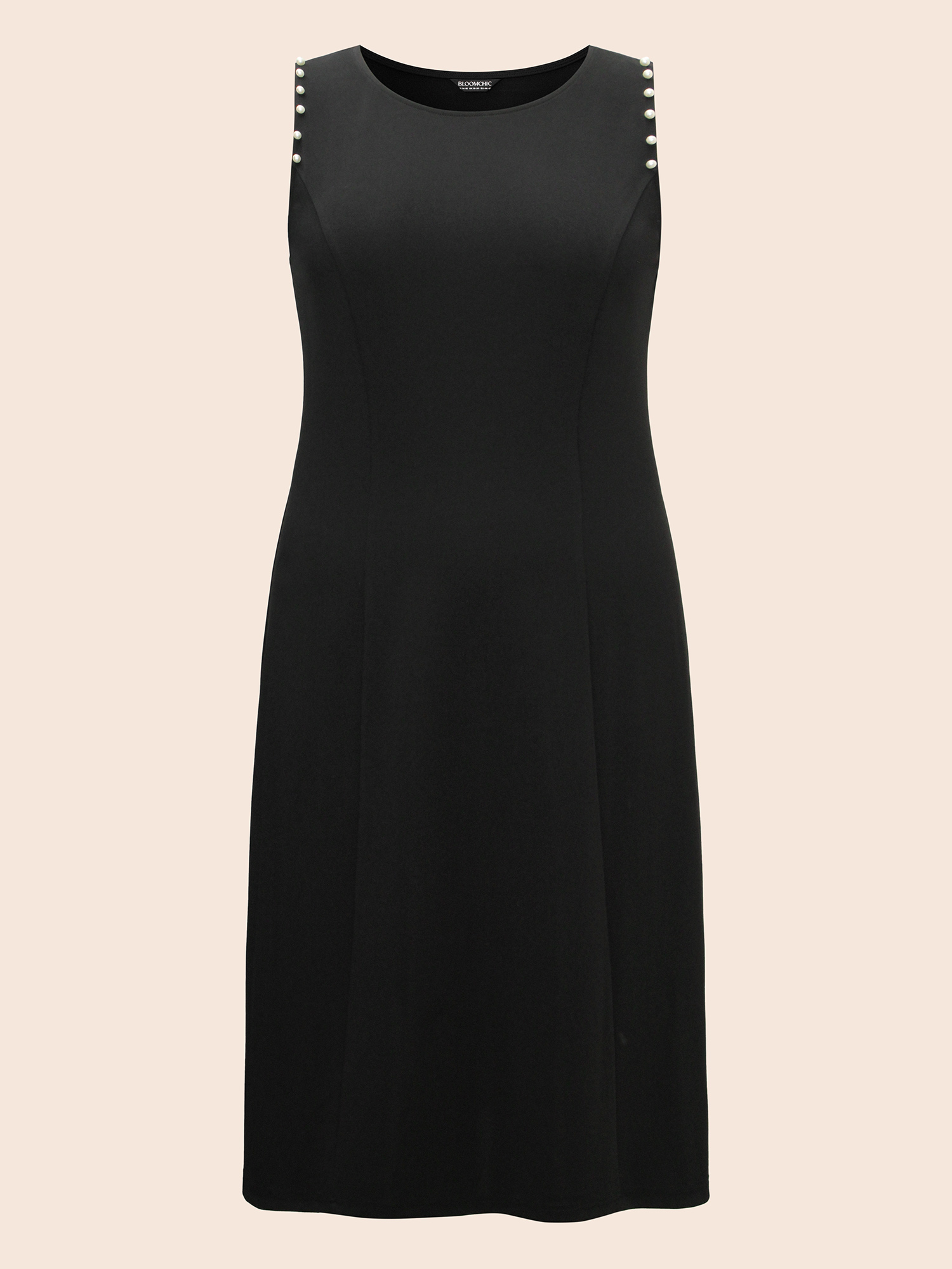 Plus Size Crew Neck Pearl Beaded Tank Dress Black Women Elegant Beaded Round Neck Sleeveless Curvy BloomChic 14-16/1X 