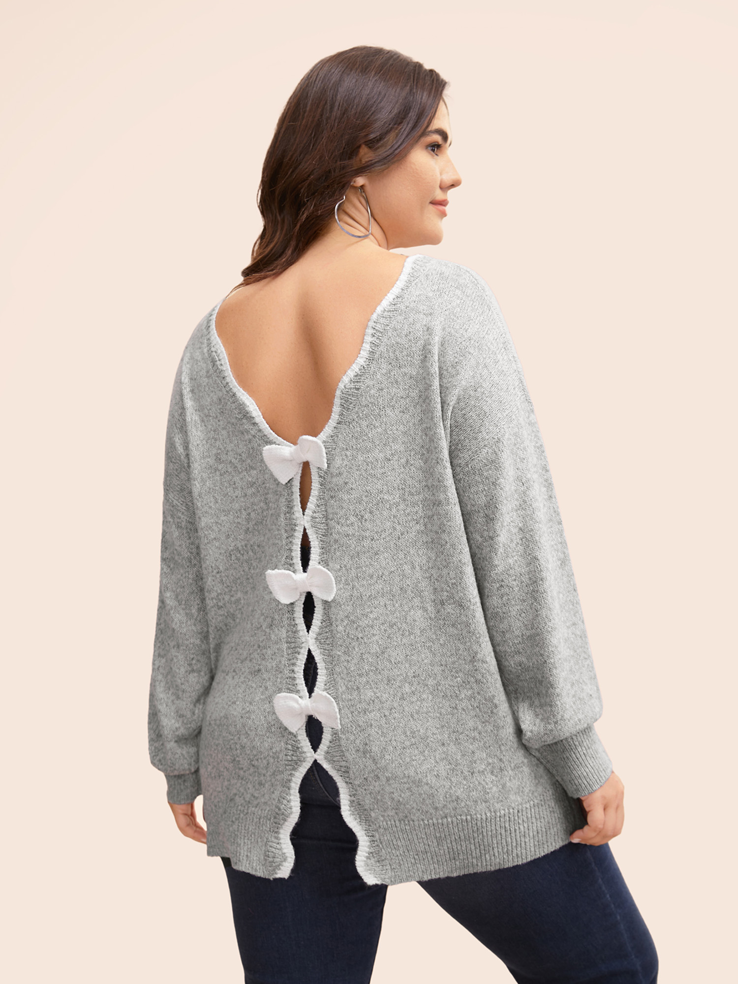 

Plus Size Round Neck Bowknot Cut Out Pullover Silver Women Casual Long Sleeve Round Neck Everyday Pullovers BloomChic