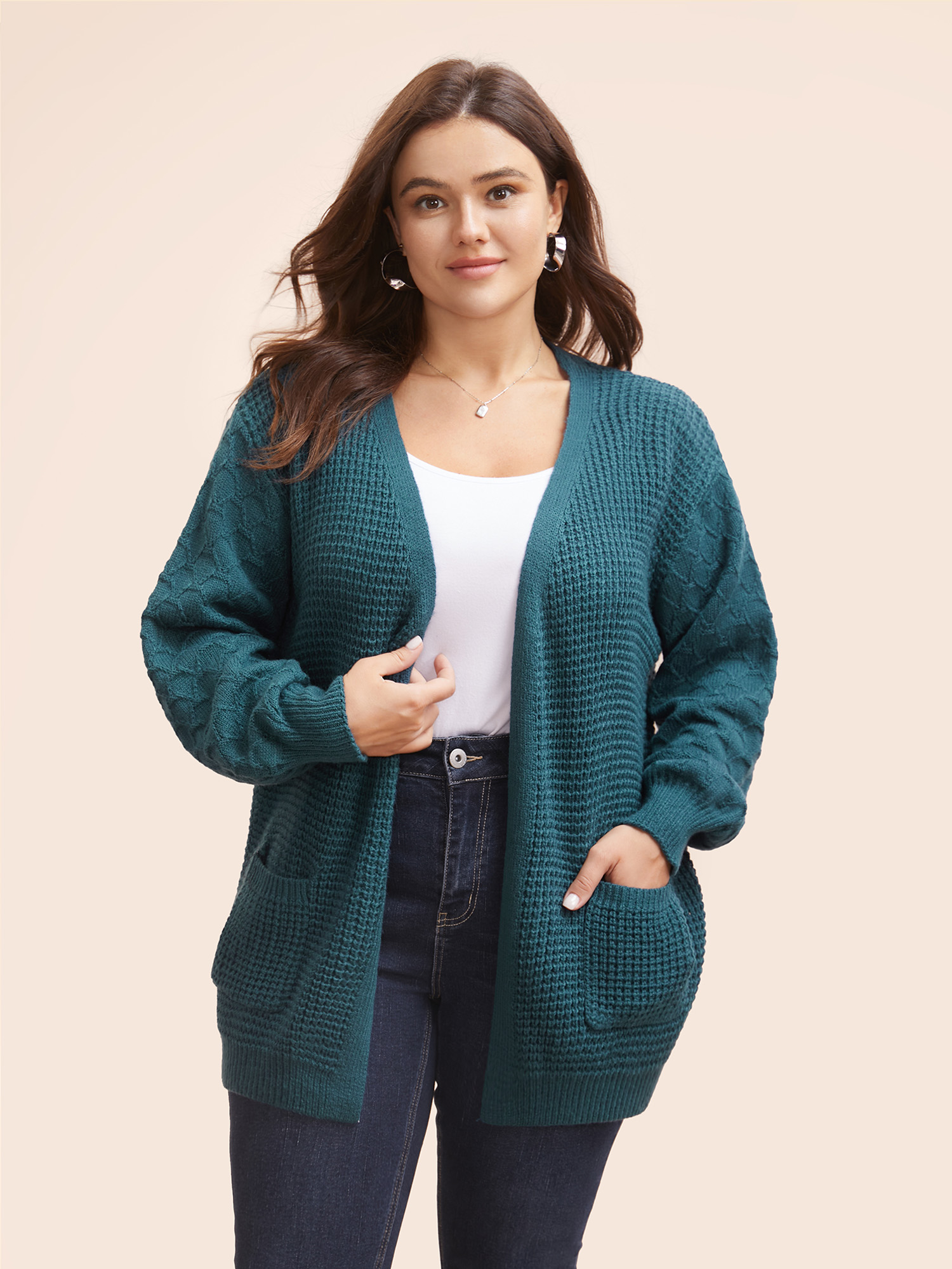 

Plus Size Textured Drop Shoulder Sleeve Pocket Cardigan Cyan Women Casual Loose Long Sleeve Everyday Cardigans BloomChic