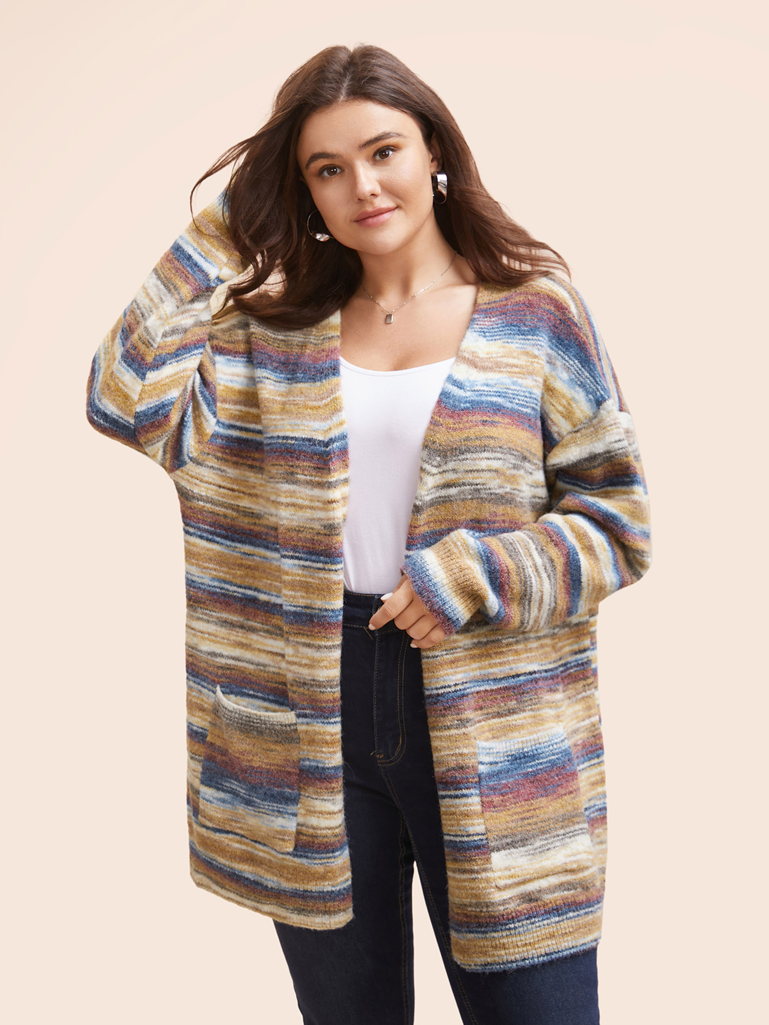 

Plus Size Heather Contrast Open Front Pocket Cardigan Multicolor Women Casual Loose Long Sleeve Everyday Cardigans BloomChic