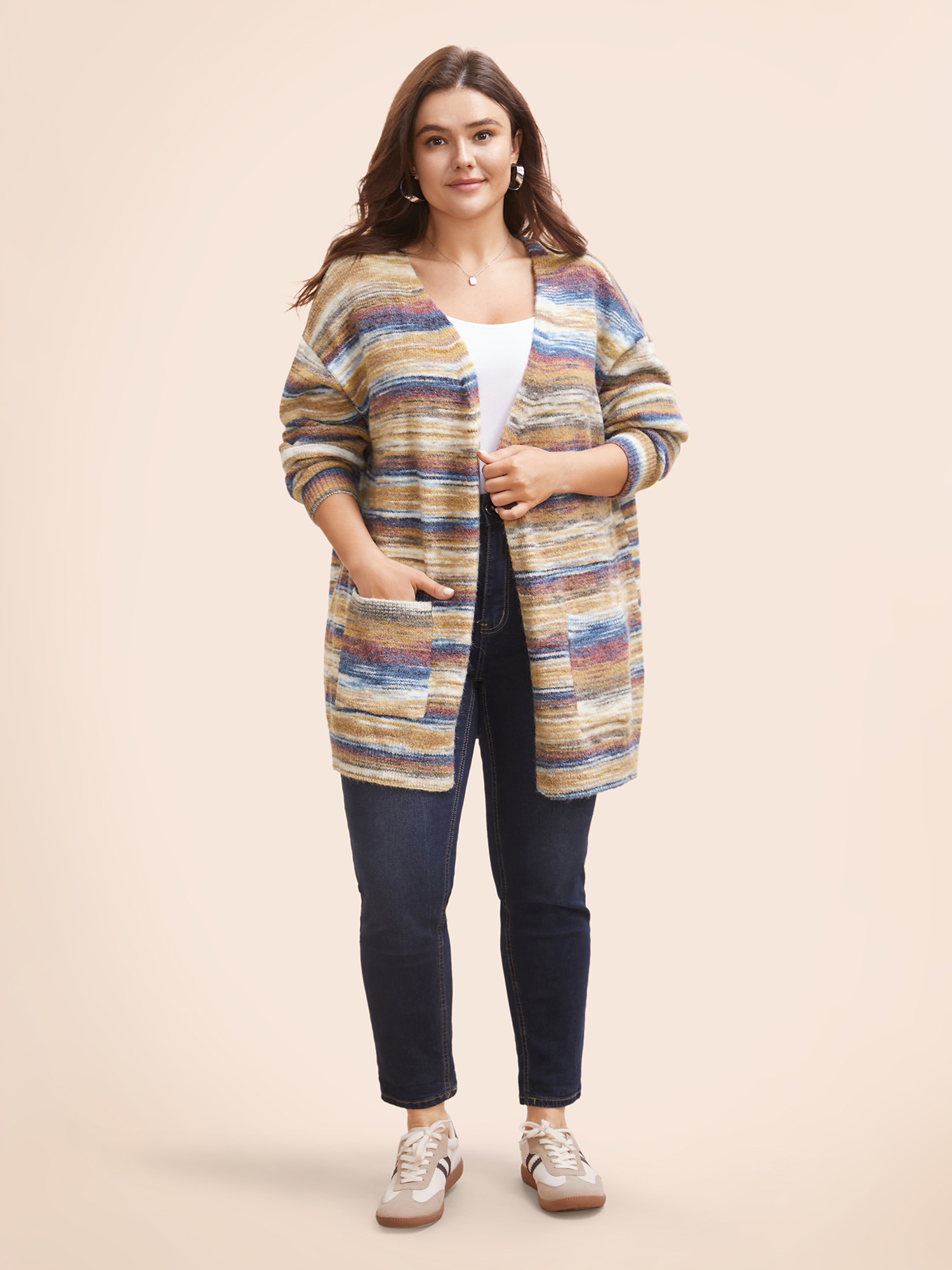 Plus Size Heather Contrast Open Front Pocket Cardigan Multicolor Women Casual Loose Long Sleeve Everyday Cardigans BloomChic 22-24/3X 