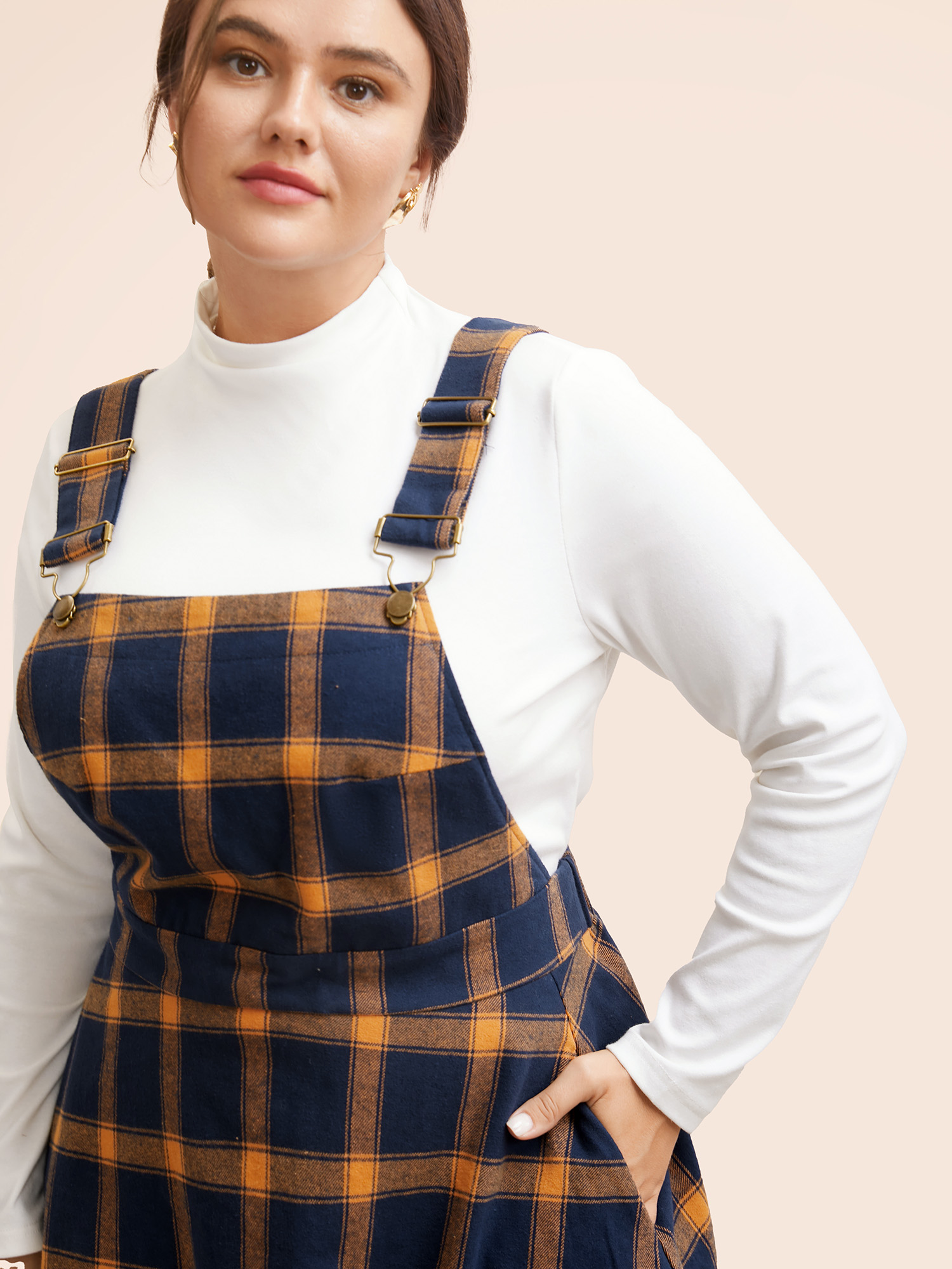 

Plus Size Contrast Plaid Pocket Overall Dress Navy Women Casual Non Non Sleeveless Curvy BloomChic