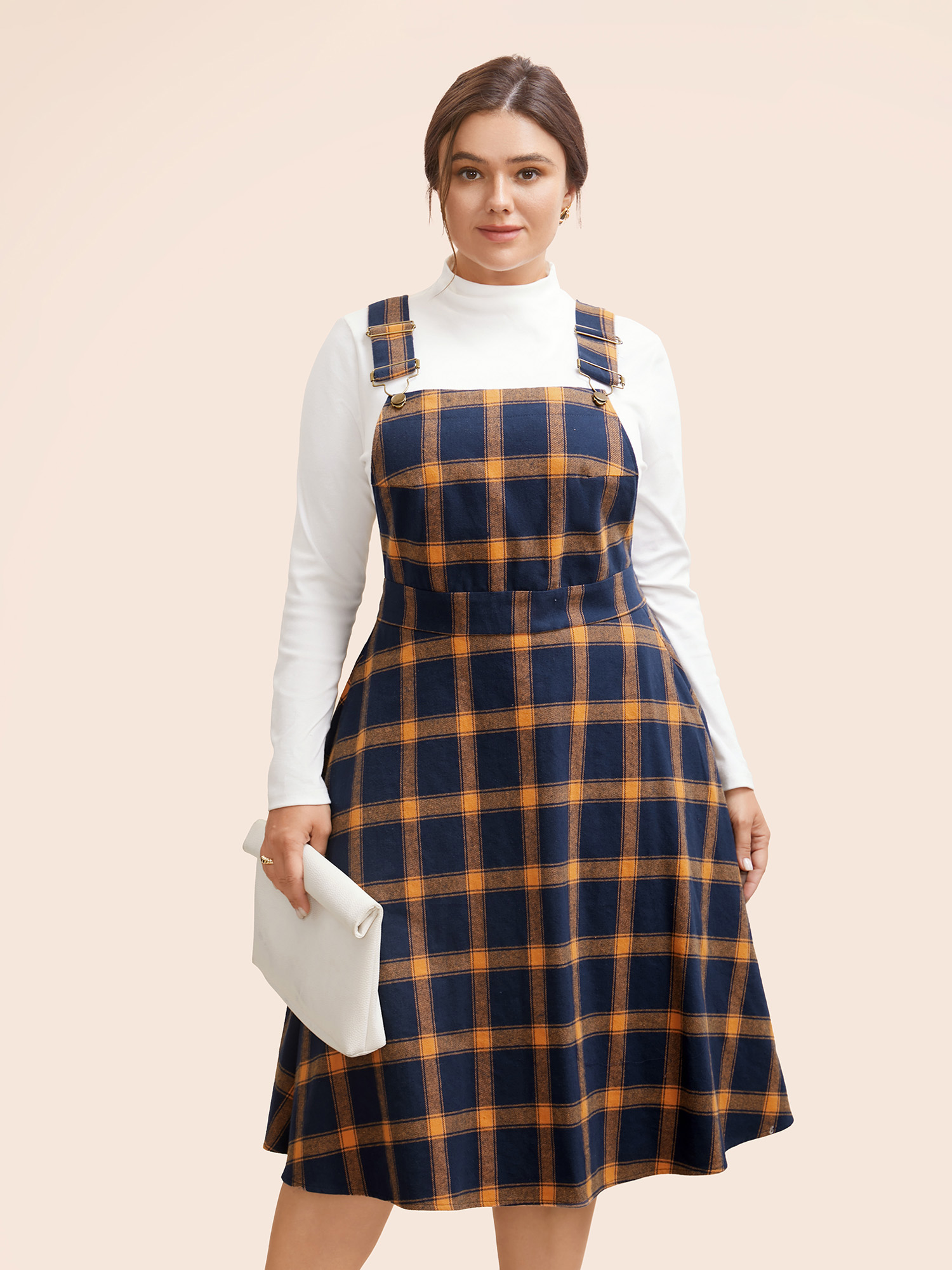 

Plus Size Contrast Plaid Pocket Overall Dress Navy Women Casual Non Non Sleeveless Curvy BloomChic