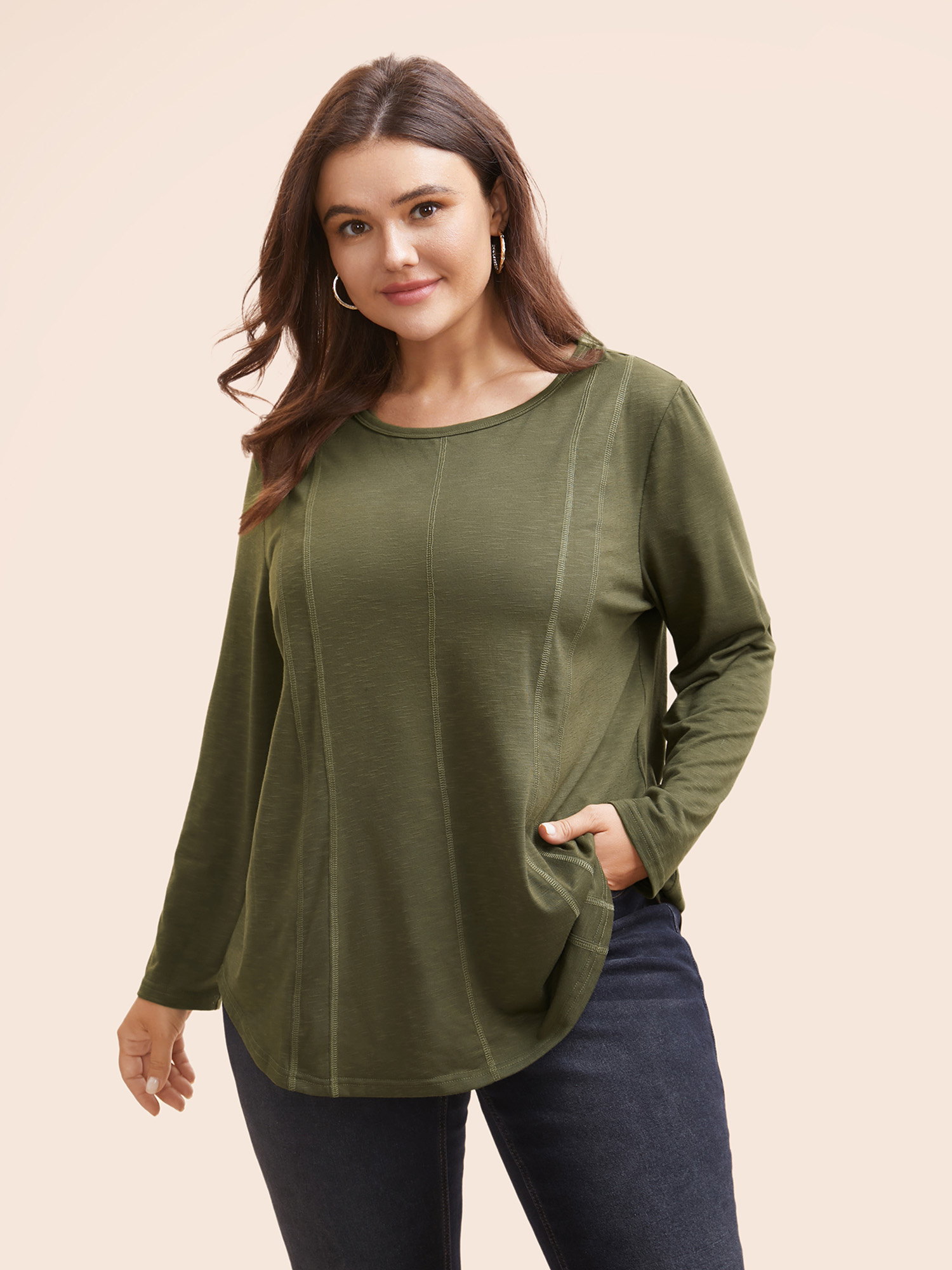 

Plus Size Solid Round Neck Topstitching T-shirt ArmyGreen Women Casual Topstitching Round Neck Everyday T-shirts BloomChic