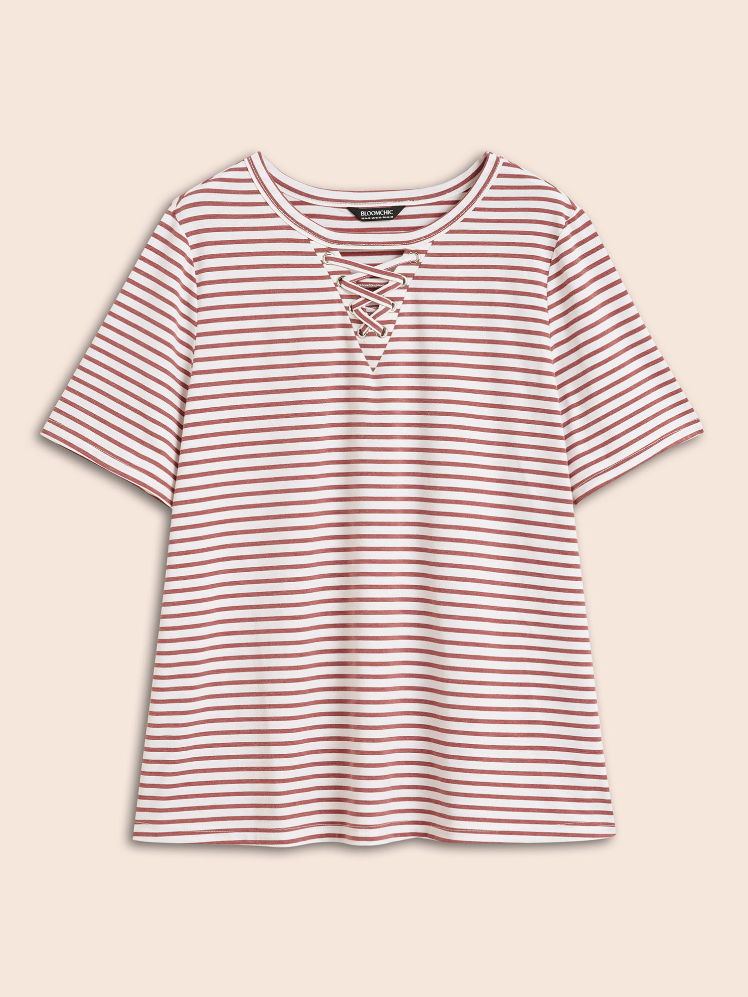 

Plus Size Striped Round Neck Crisscross T-shirt DustyPink Women Casual Eyelet Round Neck Everyday T-shirts BloomChic