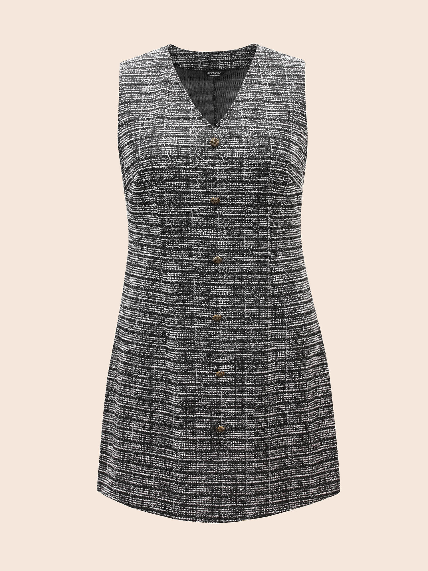 

Plus Size Tweed Button Detail Sleeveless Dress Black Women At the Office Texture V-neck Sleeveless Curvy BloomChic