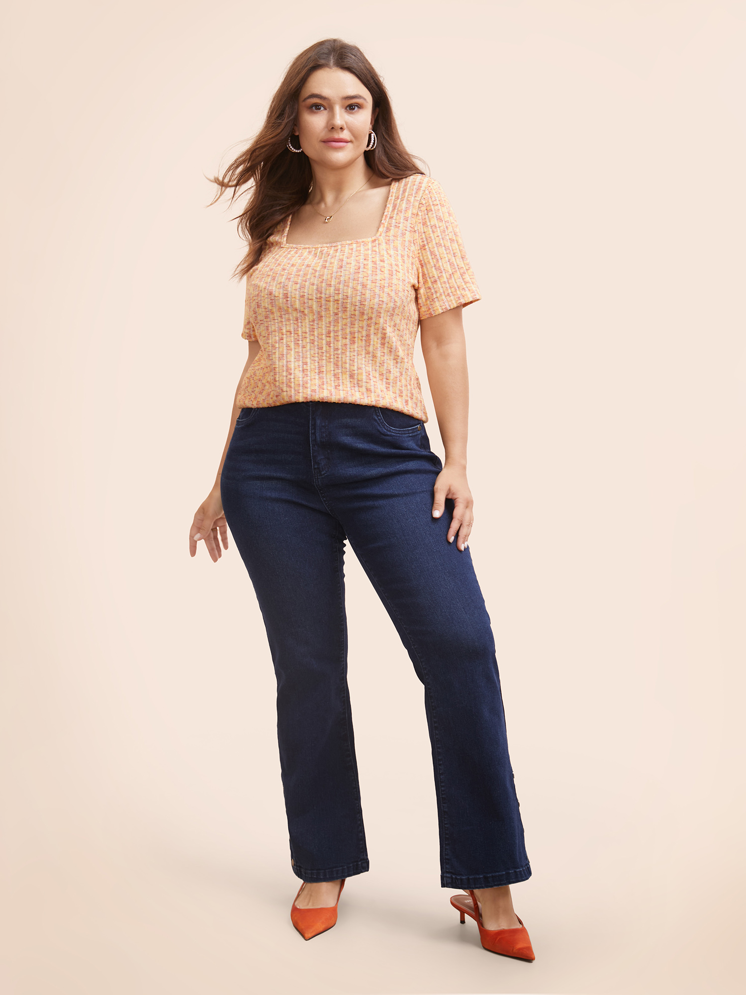 Plus Size Square Neck Heather Textured T-shirt Multicolor Women Elegant Texture Square Neck Bodycon Everyday T-shirts BloomChic 14-16/1X 