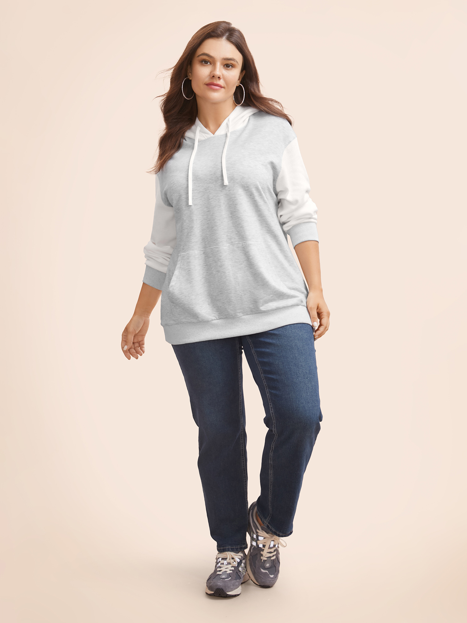 

Plus Size Contrast Patchwork Pocket Hooded Drawstring Sweatshirt Women LightGray Casual Texture Hooded Everyday Sweatshirts BloomChic