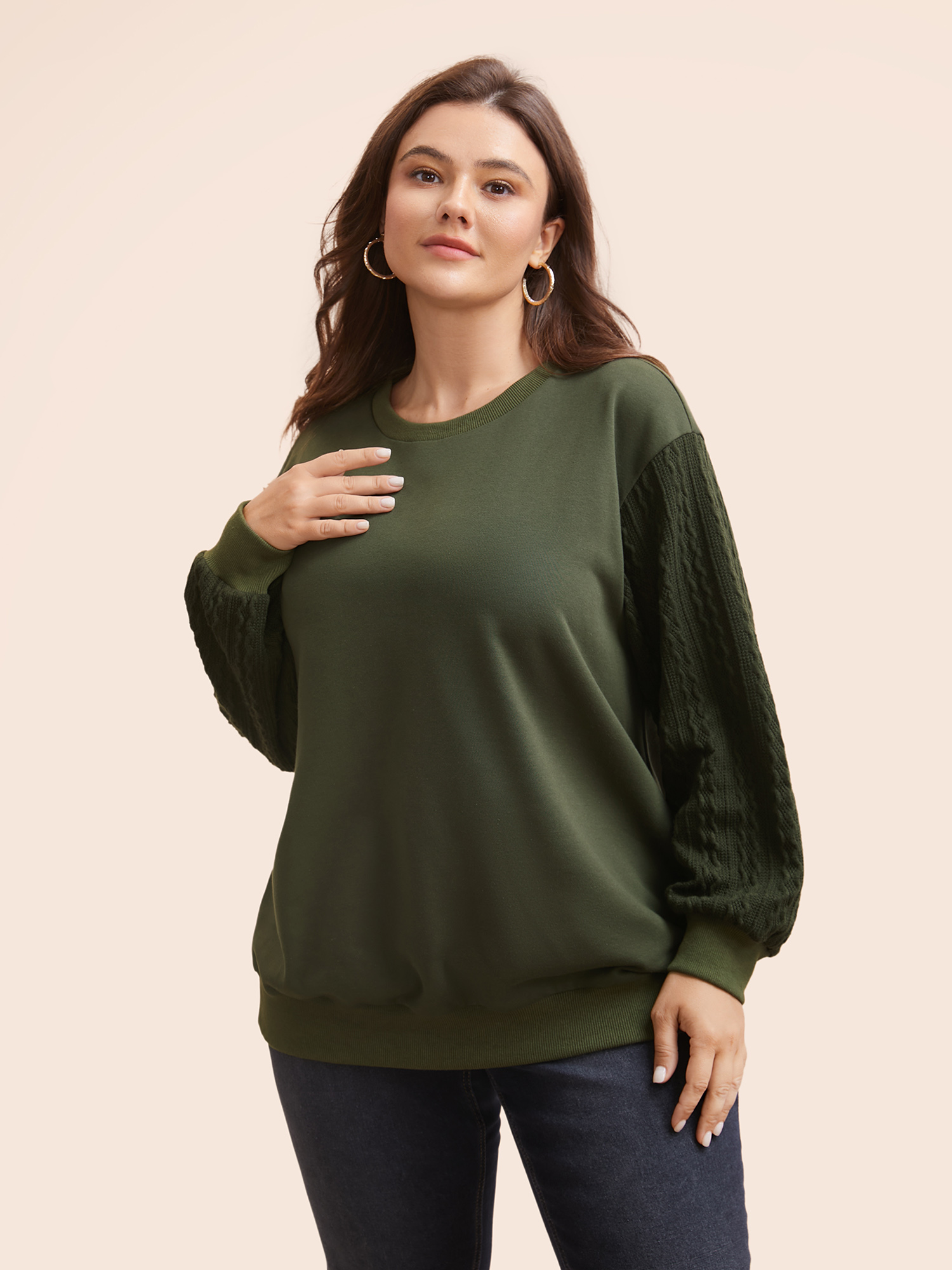 

Plus Size Texture Patchwork Drop Shoulder Sleeve Sweatshirt Women DarkGreen Casual Texture Round Neck Everyday Sweatshirts BloomChic