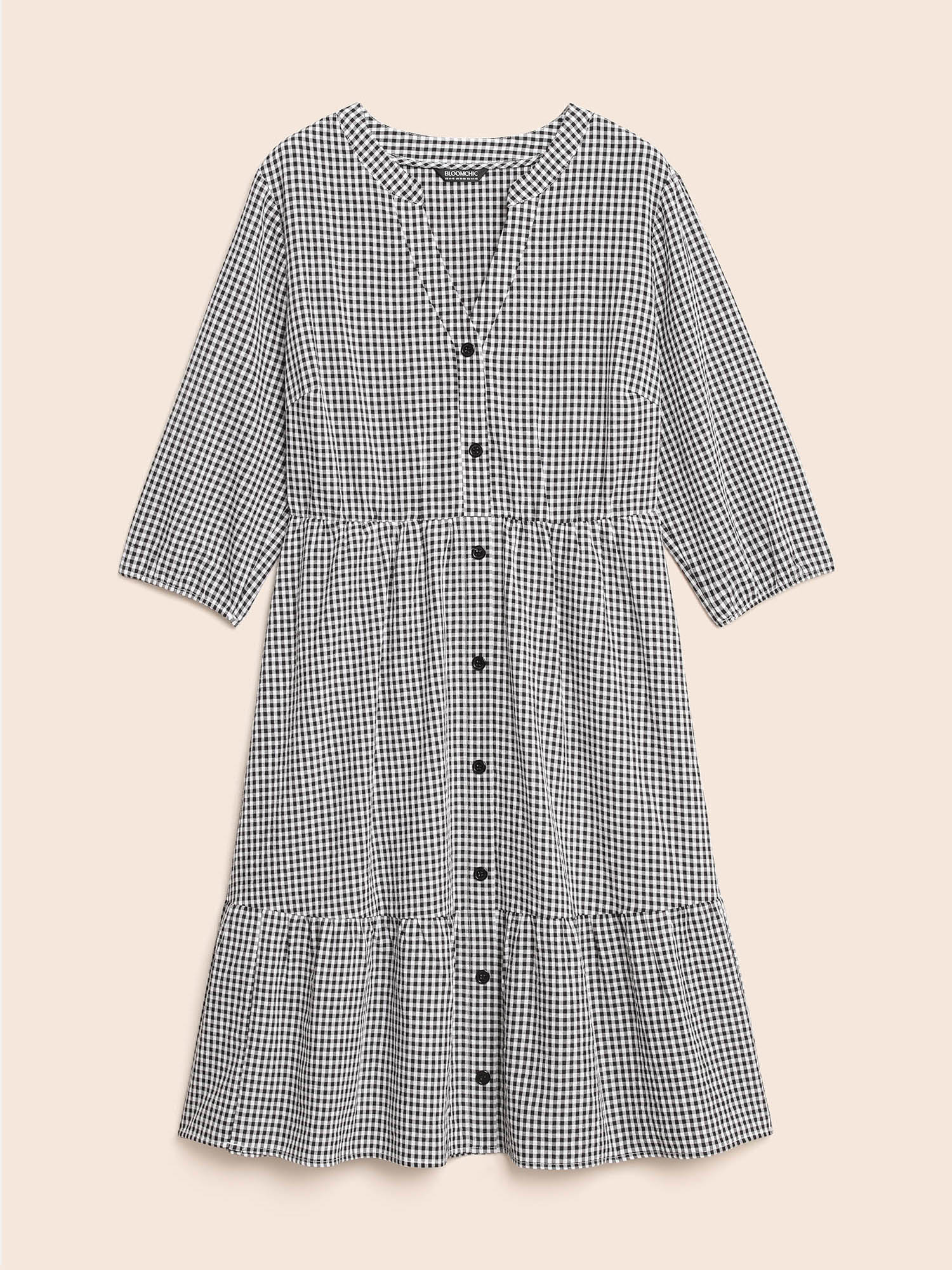 

Plus Size Gingham Notched Ruffle Hem Lantern Sleeve Dress Black Women Casual Button Notched collar Elbow-length sleeve Curvy BloomChic