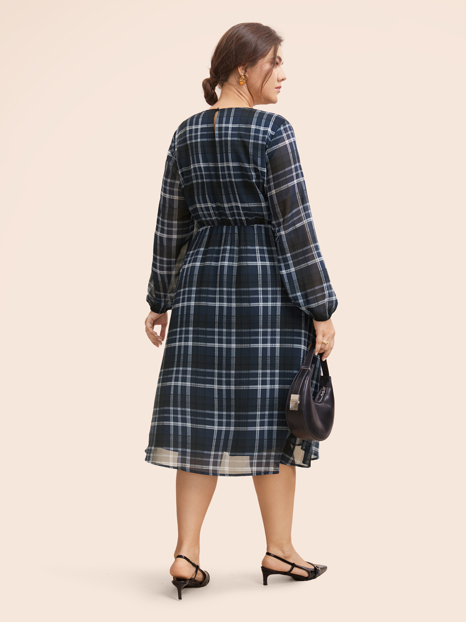 

Plus Size Plaid Round Neck Lantern Sleeve Dress DarkBlue Women At the Office Texture Round Neck Long Sleeve Curvy BloomChic