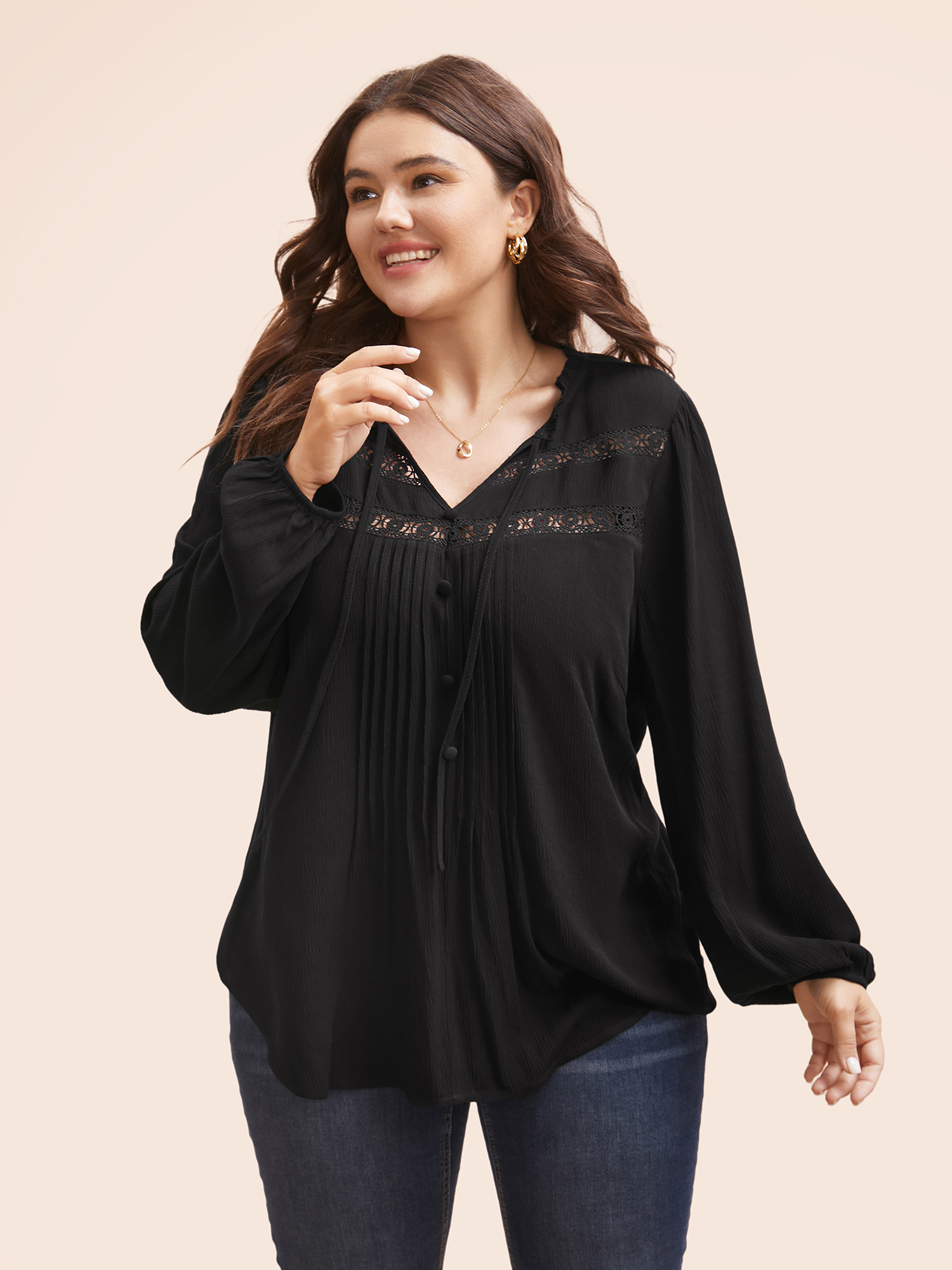 

Plus Size Black Lace Patchwork Pleated Ruffles Blouse Women Elegant Long Sleeve V-neck Everyday Blouses BloomChic