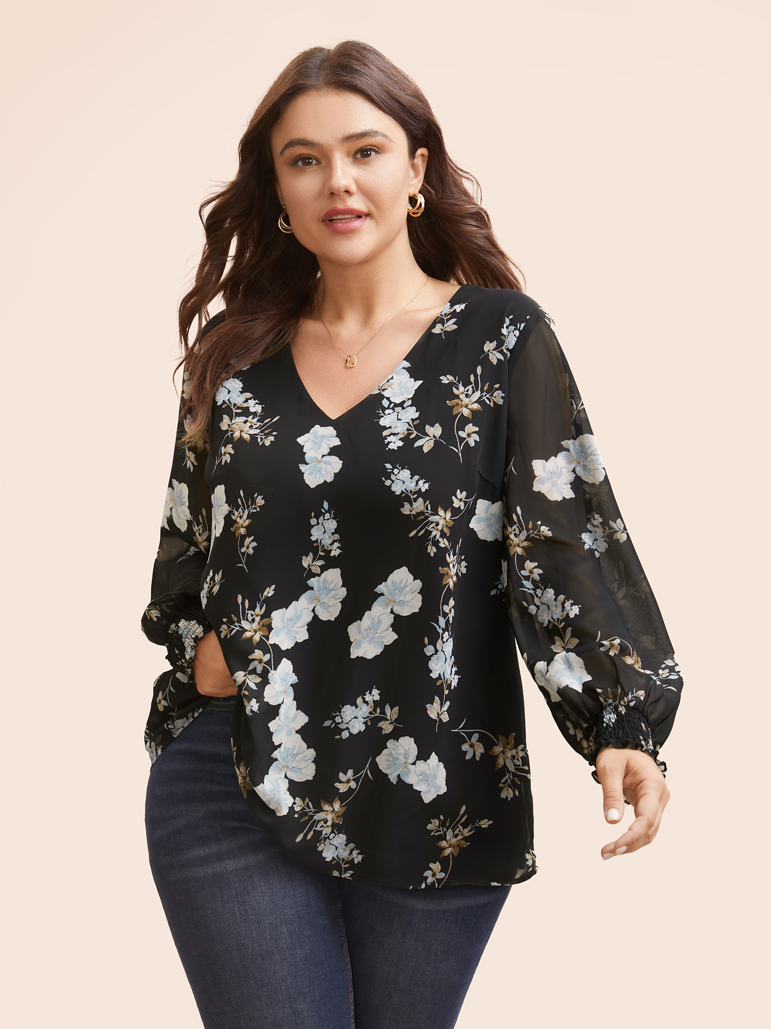 

Plus Size Black Floral Chiffon Shirred Lantern Sleeve Blouse Women Elegant Long Sleeve V-neck Everyday Blouses BloomChic