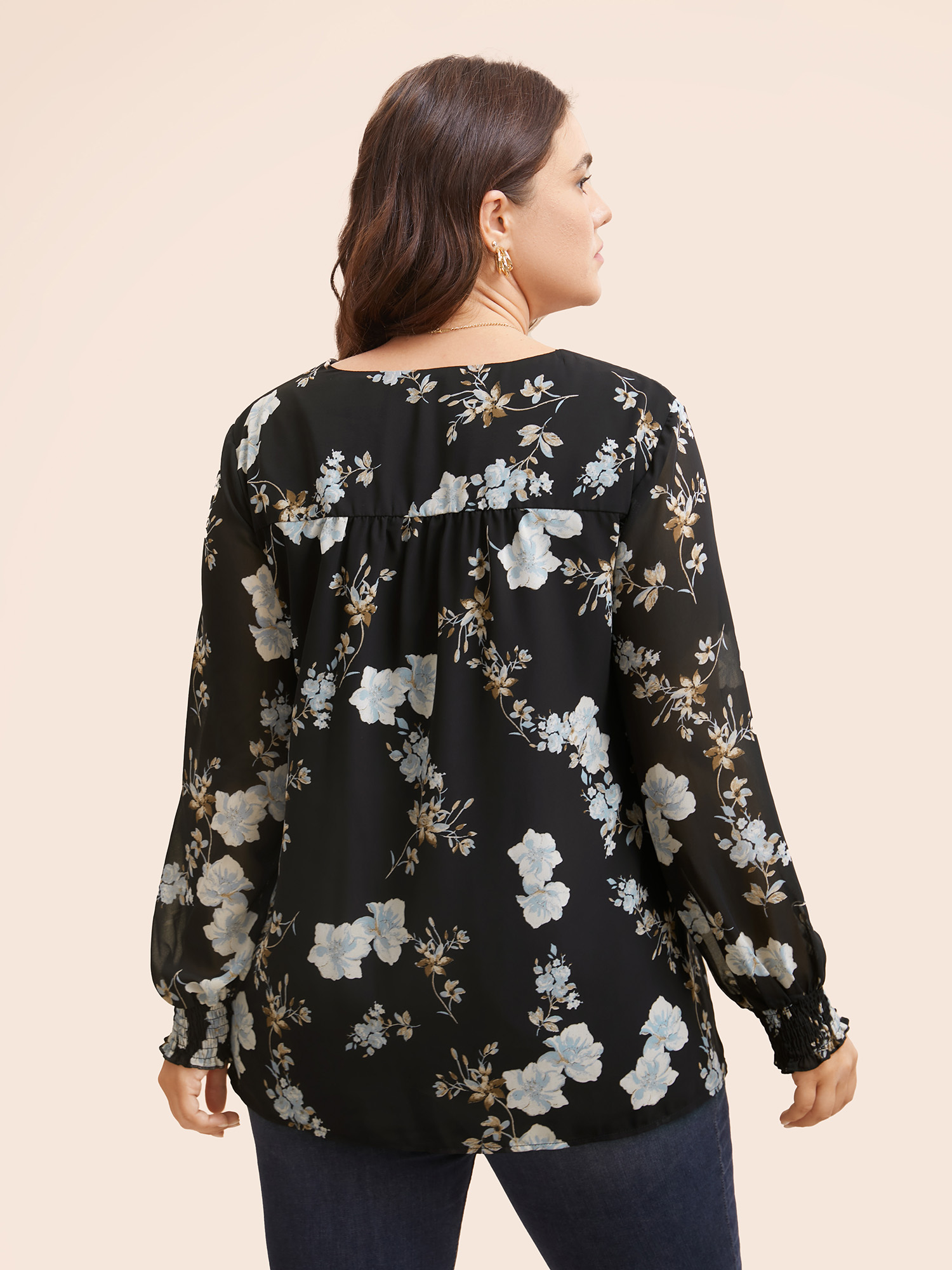 

Plus Size Black Floral Chiffon Shirred Lantern Sleeve Blouse Women Elegant Long Sleeve V-neck Everyday Blouses BloomChic