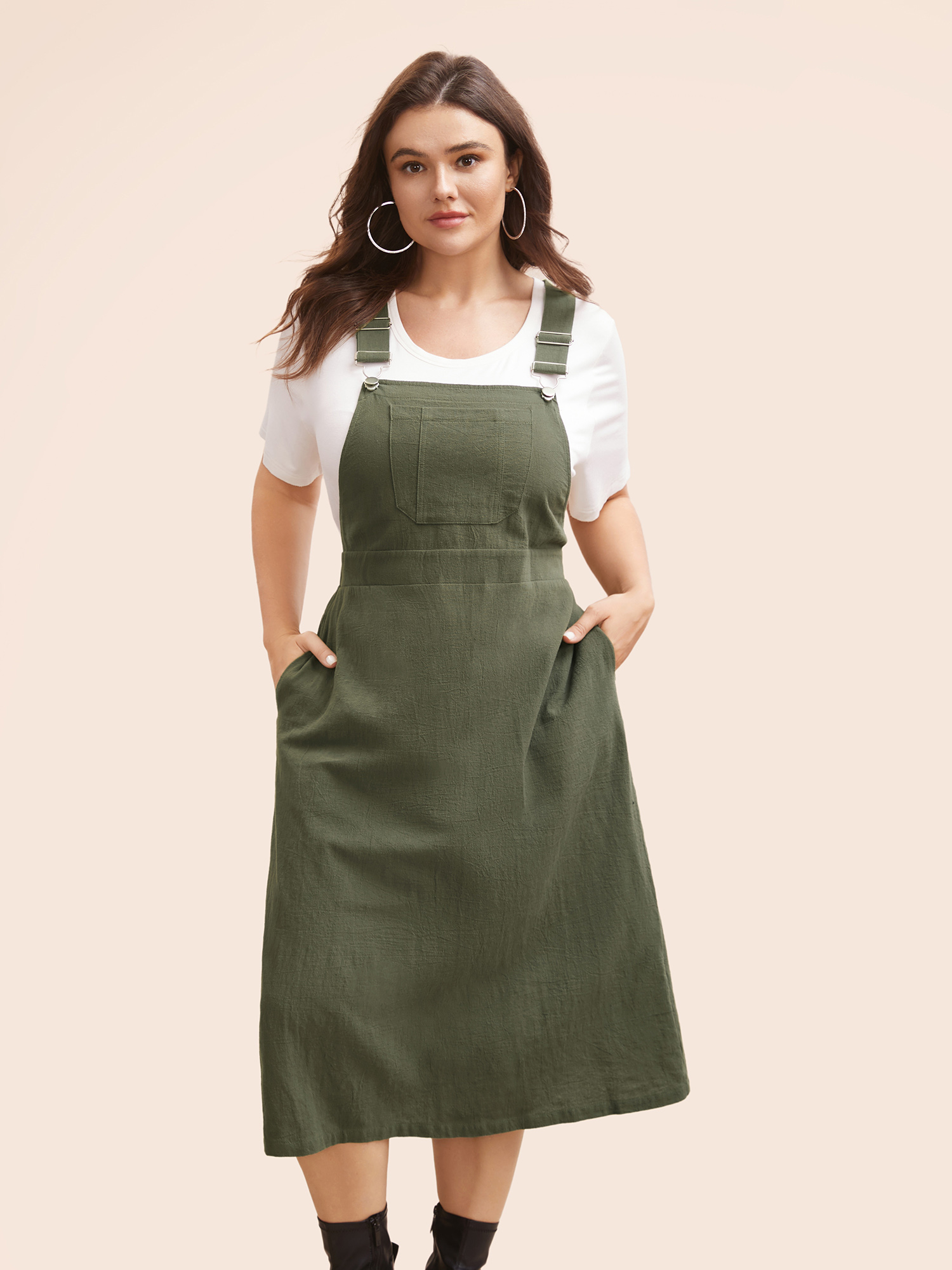 

Plus Size Solid Patched Pocket Overall Dress ArmyGreen Women Casual Non Non Sleeveless Curvy BloomChic