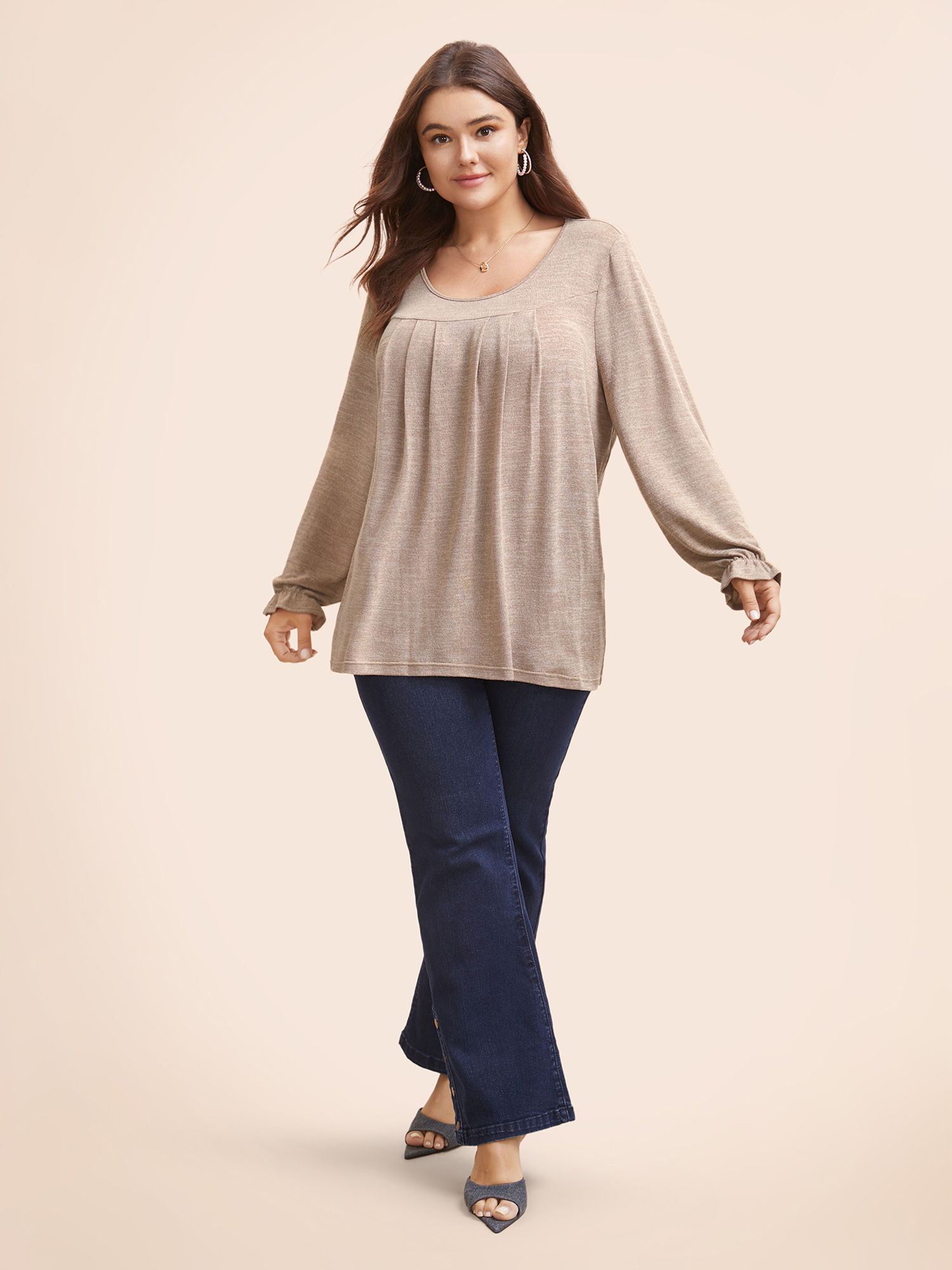 

Plus Size Round Neck Heather Pleated T-shirt LightBrown Women Elegant Pleated Round Neck Loose Everyday T-shirts BloomChic