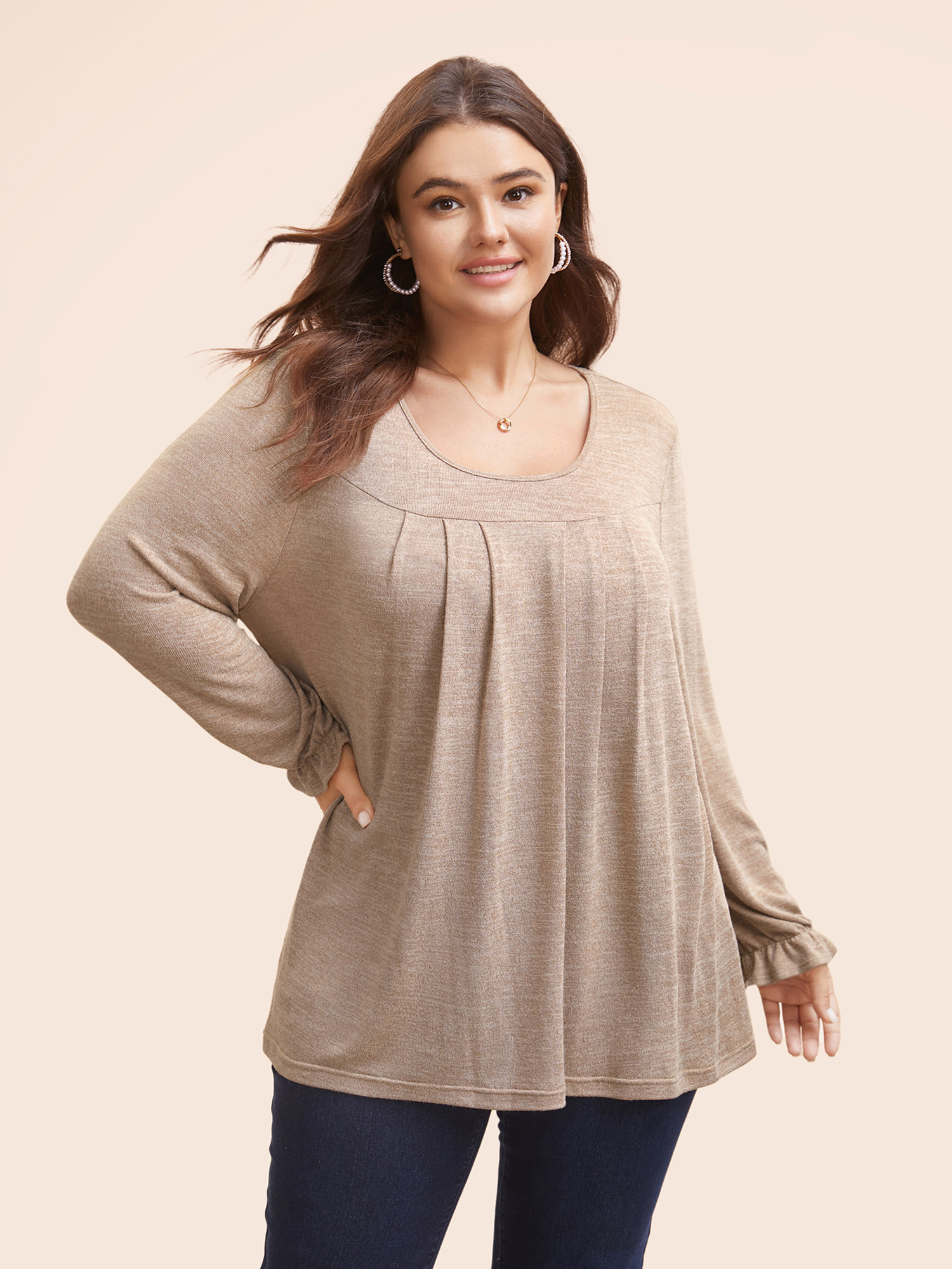 Plus Size Round Neck Heather Pleated T-shirt LightBrown Women Elegant Pleated Round Neck Loose Everyday T-shirts BloomChic 30/6X 