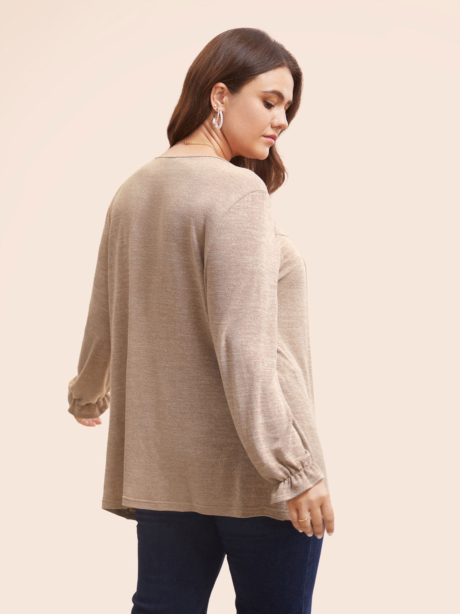Plus Size Round Neck Heather Pleated T-shirt LightBrown Women Elegant Pleated Round Neck Loose Everyday T-shirts BloomChic 30/6X 