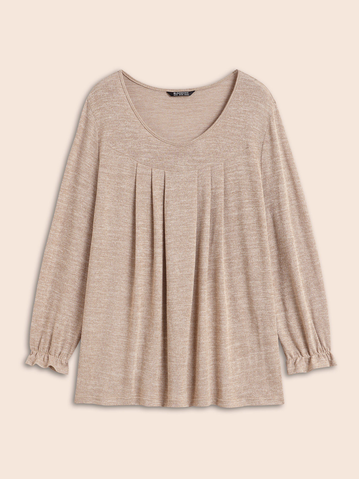 Plus Size Round Neck Heather Pleated T-shirt LightBrown Women Elegant Pleated Round Neck Loose Everyday T-shirts BloomChic 30/6X 